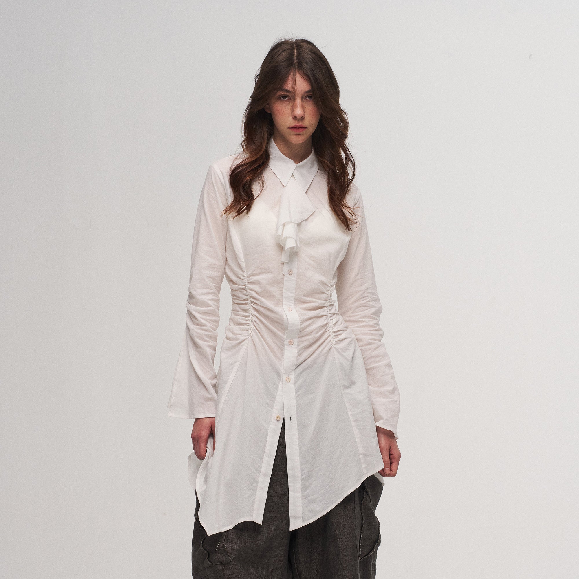 ILNya Nieternite Nifutur Ruched Waist Ruffle-Neck Long Shirt-Shirt-S(0) (Preorder)-Free Shipping Leatheretro