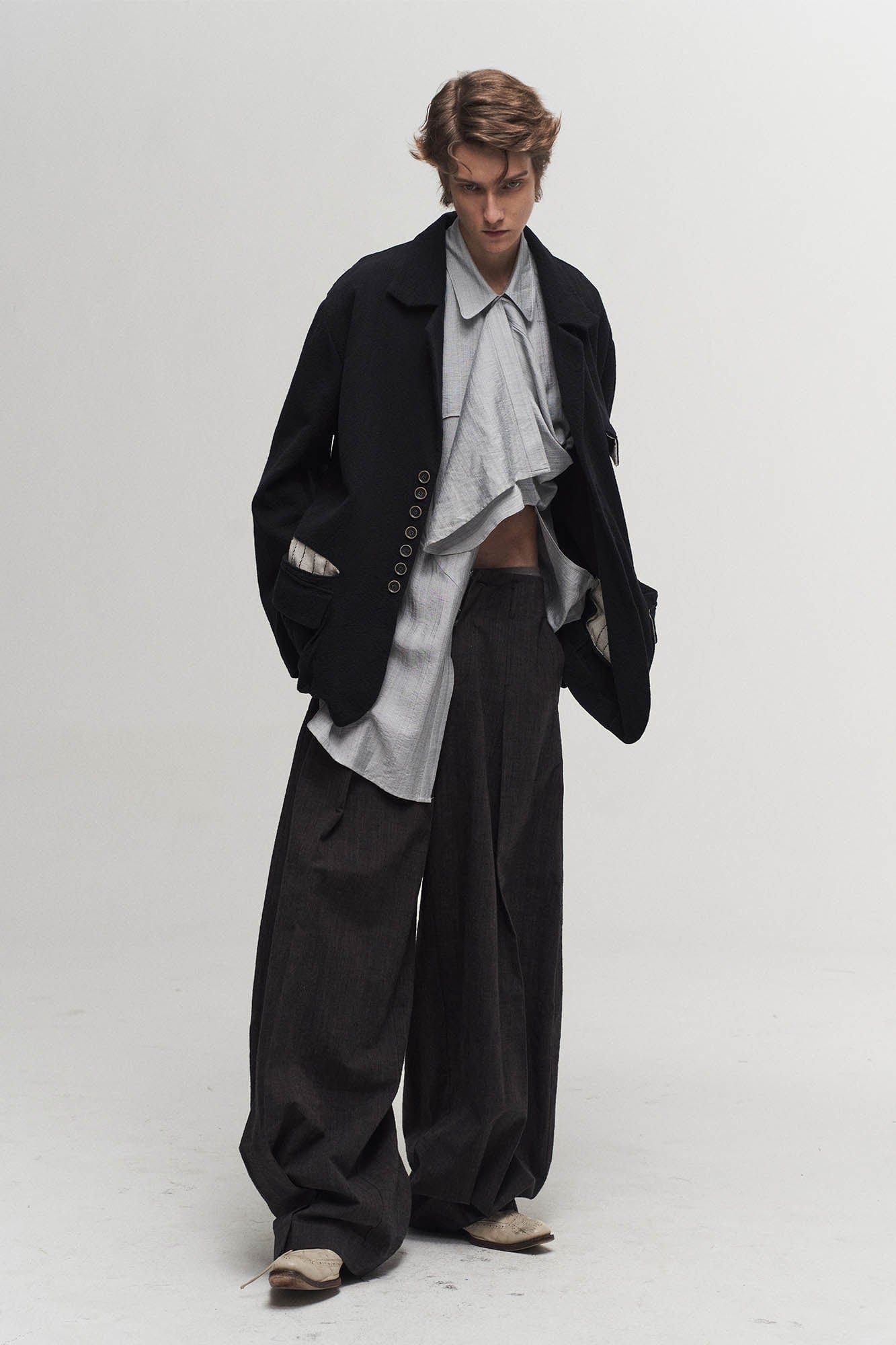 ILNya Nieternite Nifutur Arc Spliced Draped Long Shirt Bluish Silver-Shirt-S(0)-Free Shipping Leatheretro