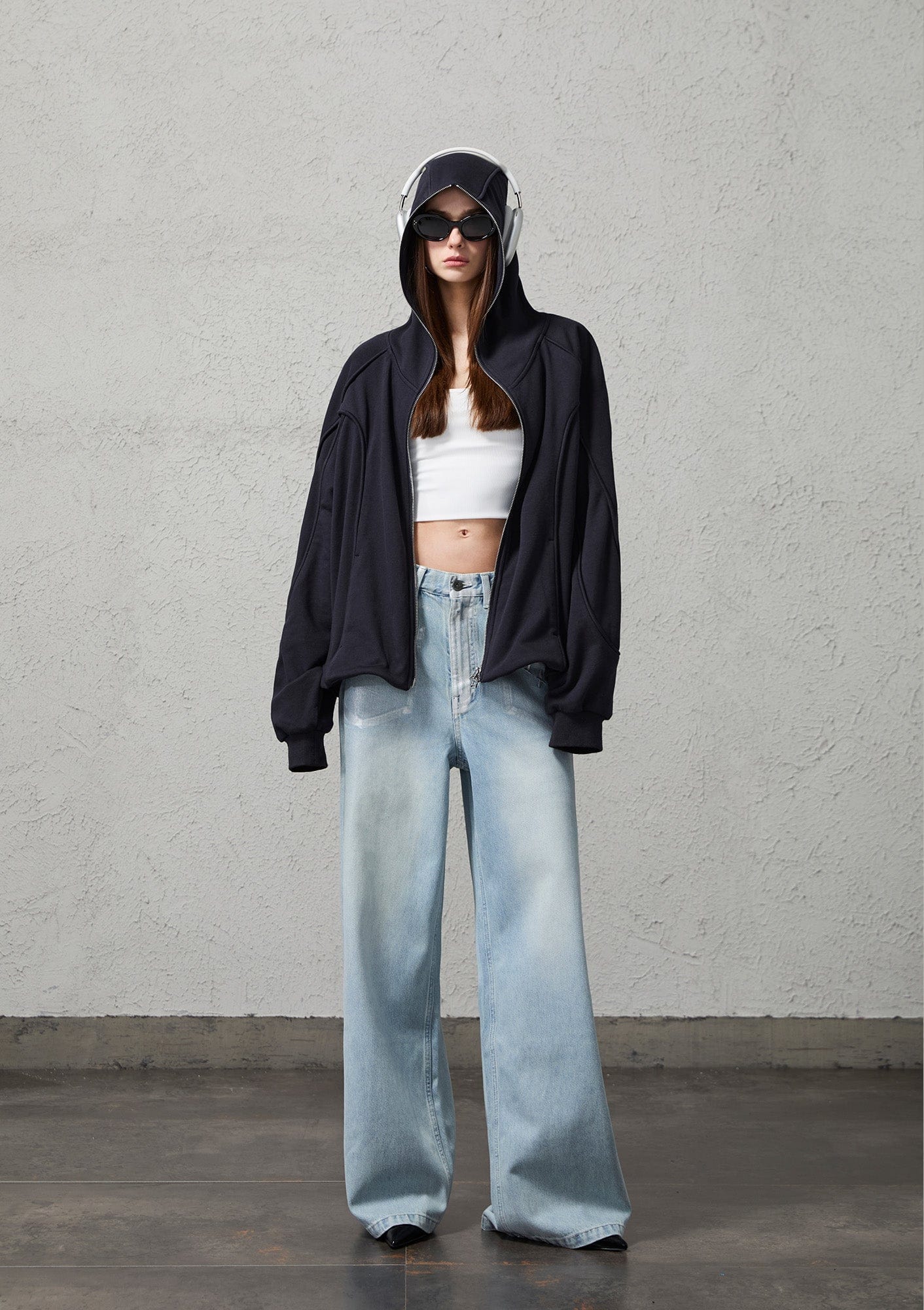 ORGANIC EMOTION Curved Panel Drawstring-Hem Zip-Up Hoodie-Jacket-Dark Blue-S-Free Shipping Leatheretro