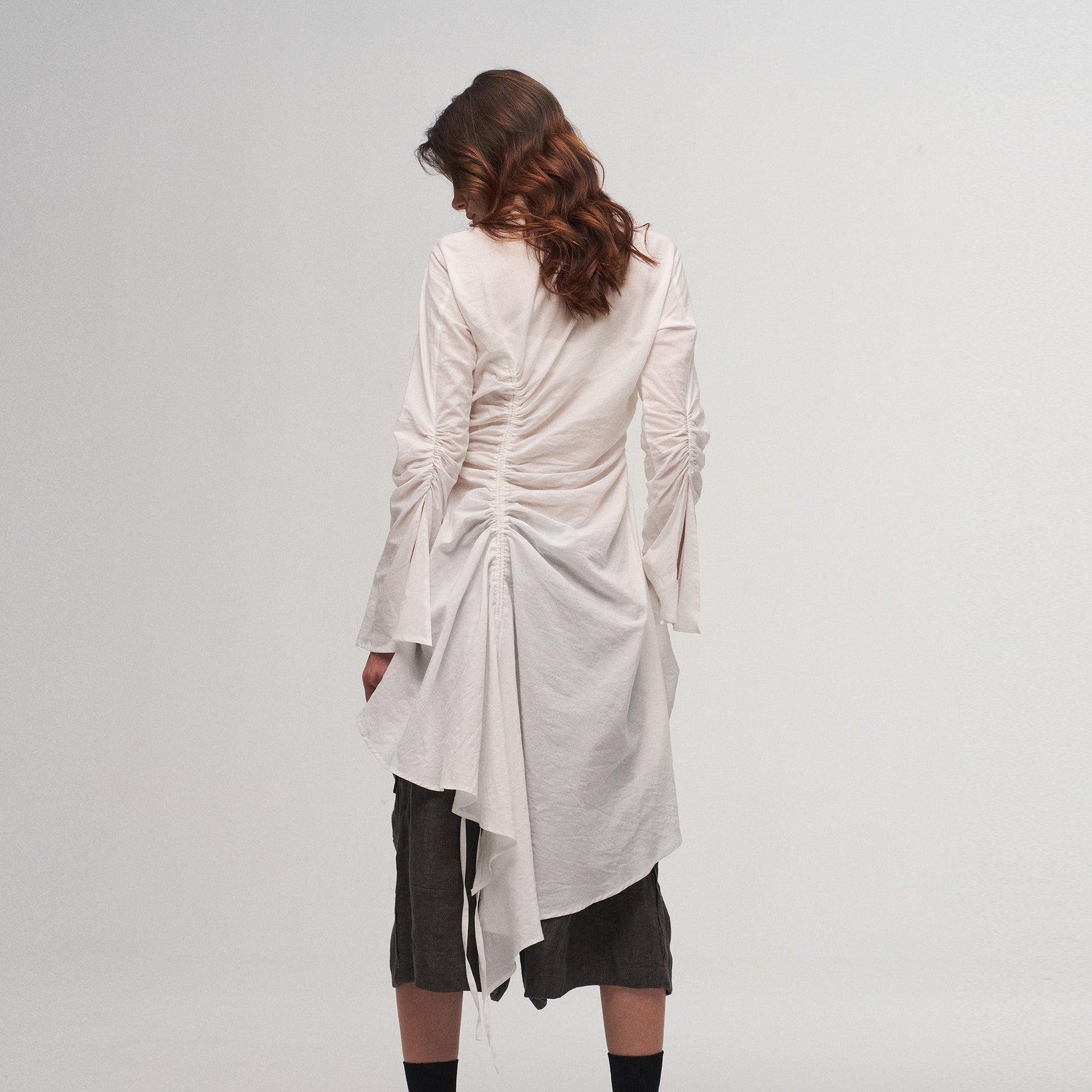 ILNya Nieternite Nifutur Ruched Waist Ruffle-Neck Long Shirt-Shirt-S(0) (Preorder)-Free Shipping Leatheretro