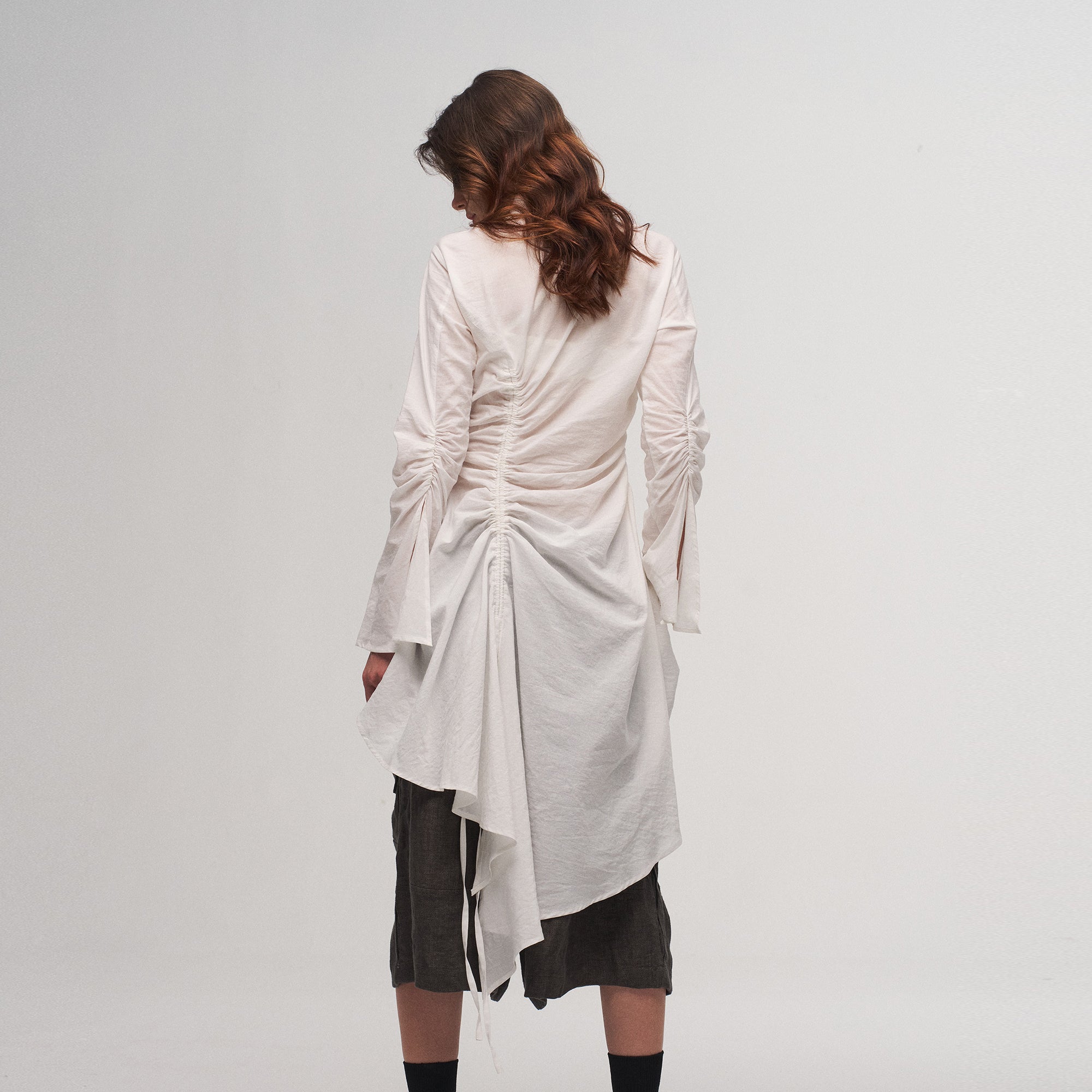 ILNya Nieternite Nifutur Ruched Waist Ruffle-Neck Long Shirt-Shirt-S(0) (Preorder)-Free Shipping Leatheretro