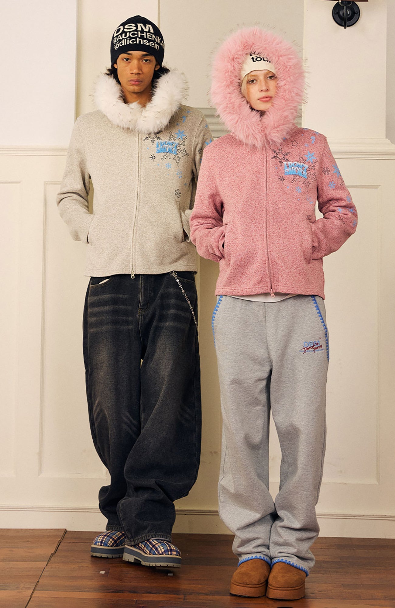 DONSMOKE Snowflake Embroidered Fleece-Lined Zip-Up Hoodie-Jacket-S (Preorder)-Gray-Free Shipping Leatheretro