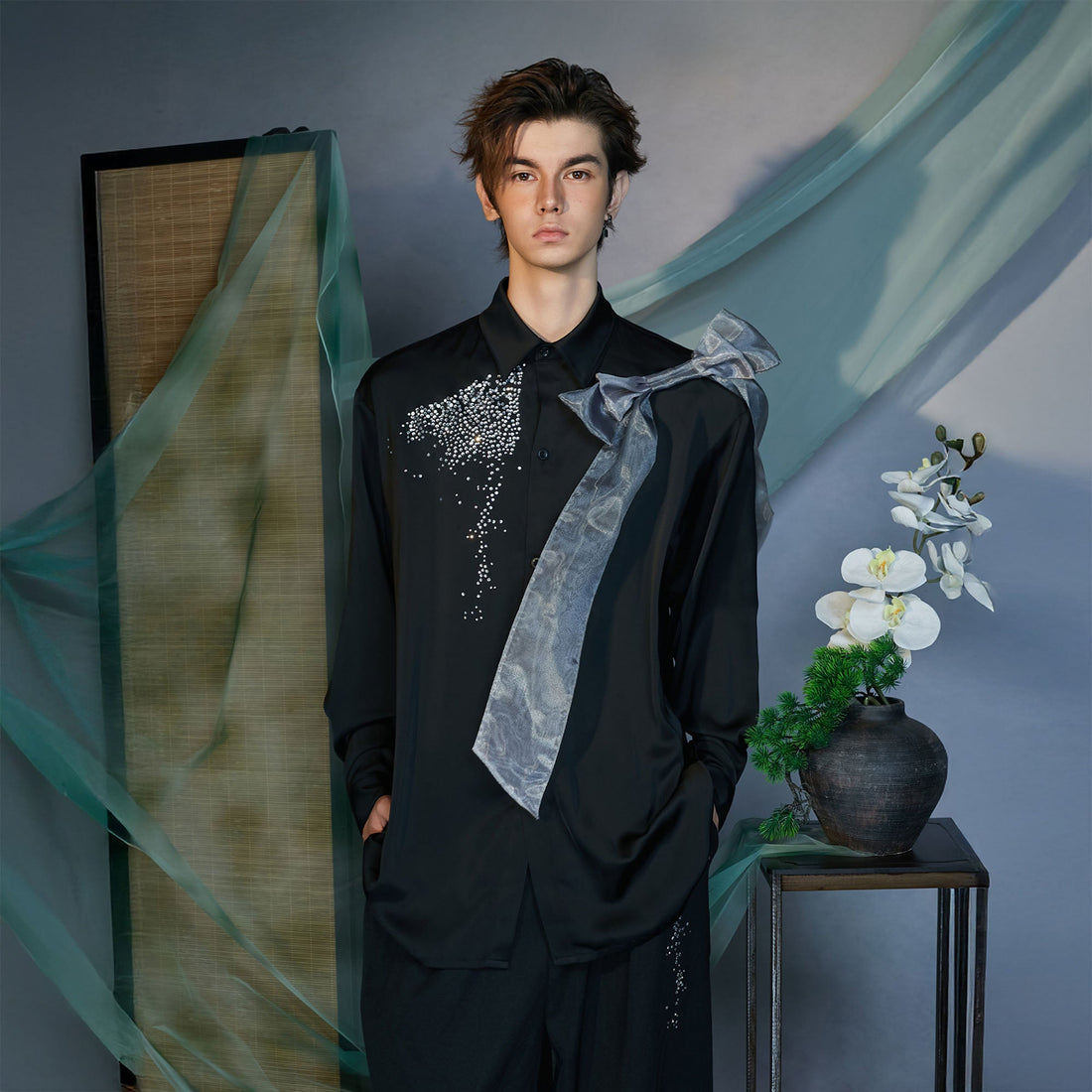 JIECHI Organza-Bow & Diamond Shirt-Shirt-M (Preorder)-Free Shipping Leatheretro