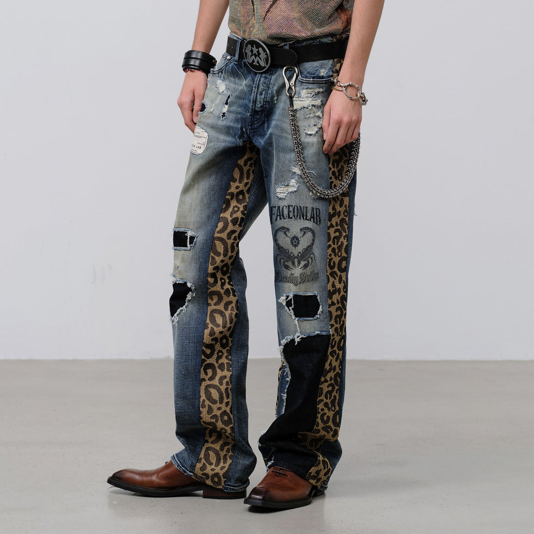 FACEONLAB Leopard Panel Distressed Straight-Leg Jeans-Jeans-M (preorder)-Free Shipping Leatheretro