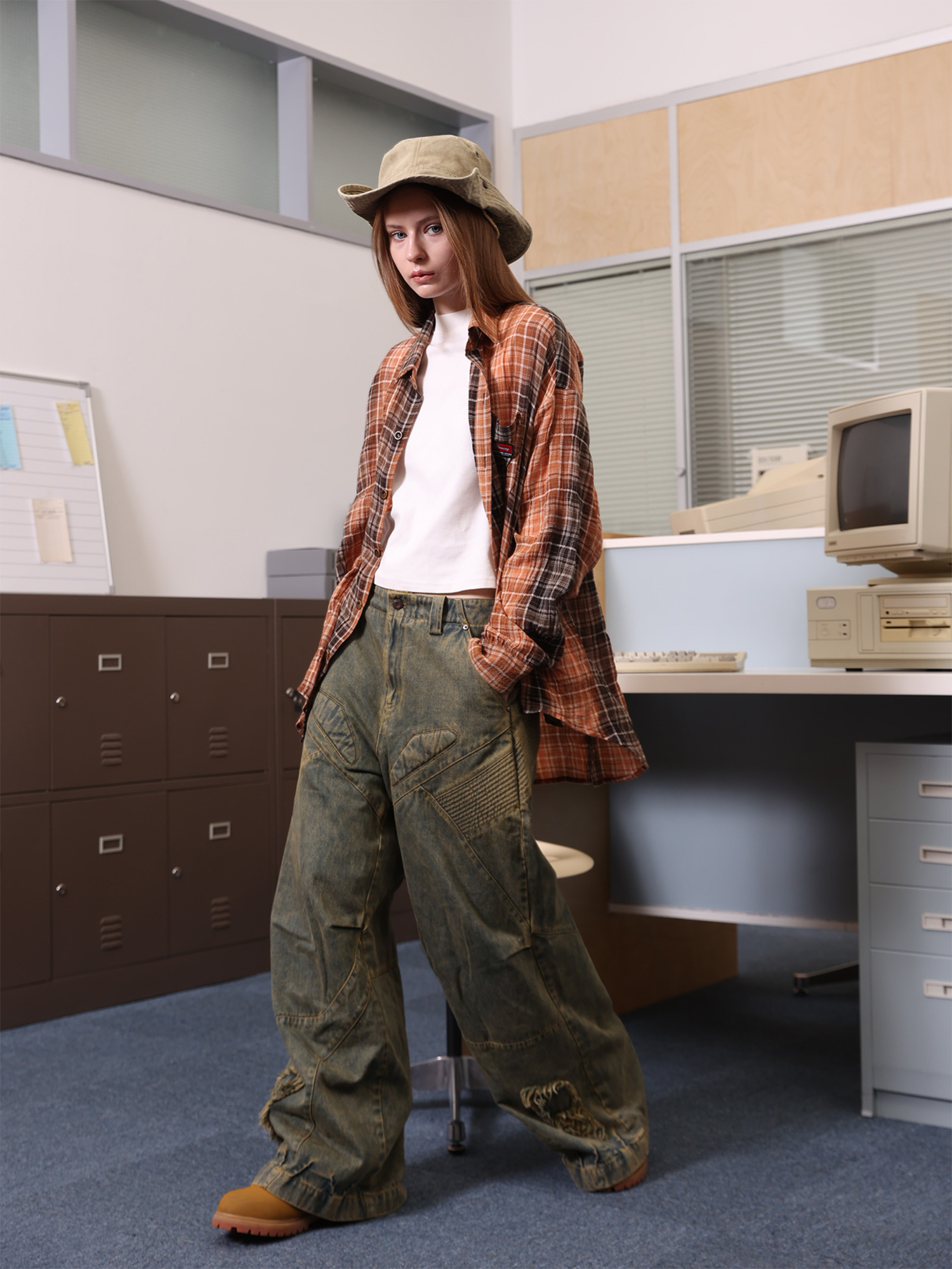 ERROR CODE ROBOT Tie-Dye Embroideried Crinkle Plaid Shirt-Shirt-S-Free Shipping Leatheretro