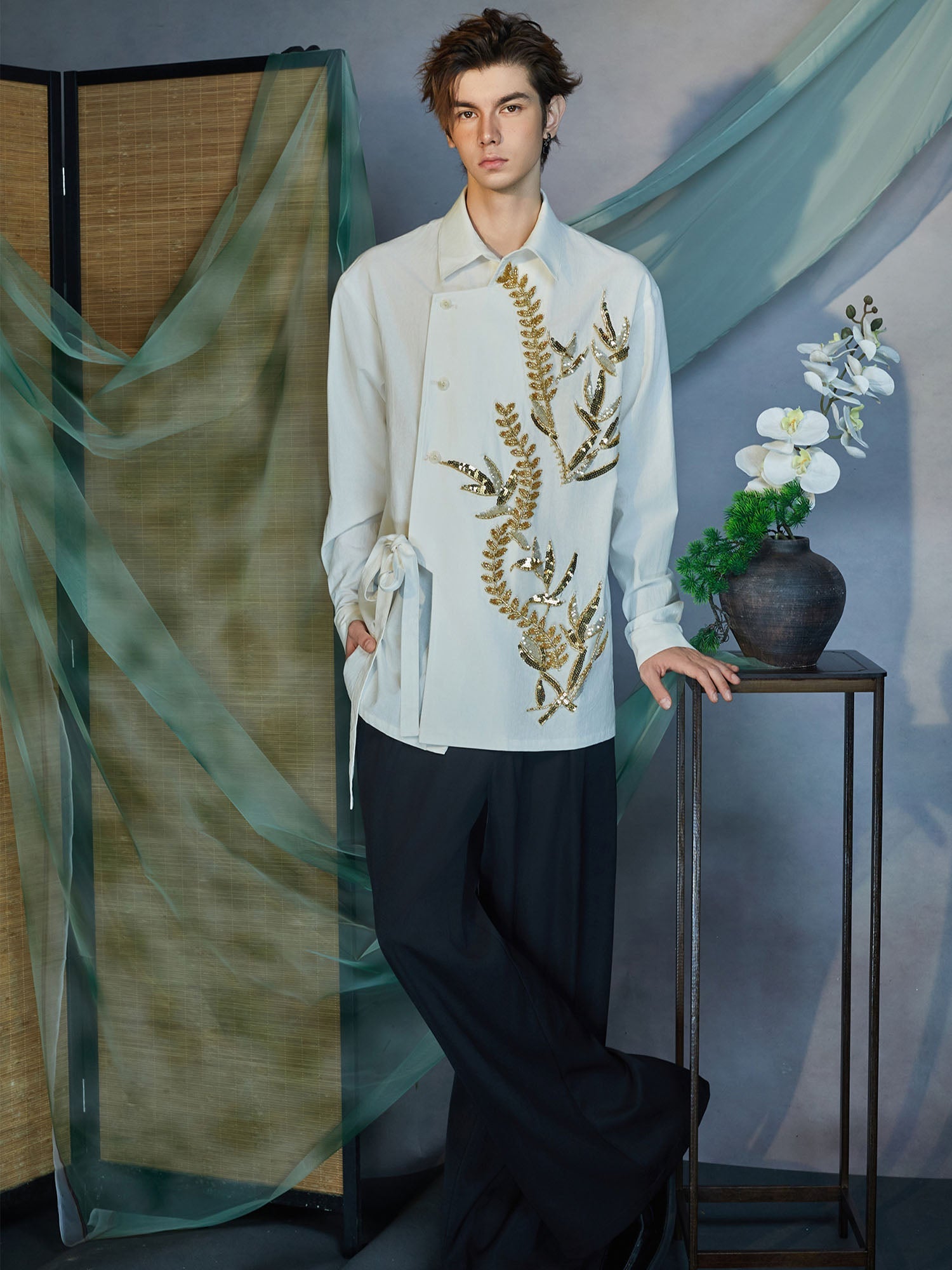 JIECHI Sequin Leaf Embroidered Asymmetrical Wrap Shirt-Shirt-M (Preorder)-Free Shipping Leatheretro