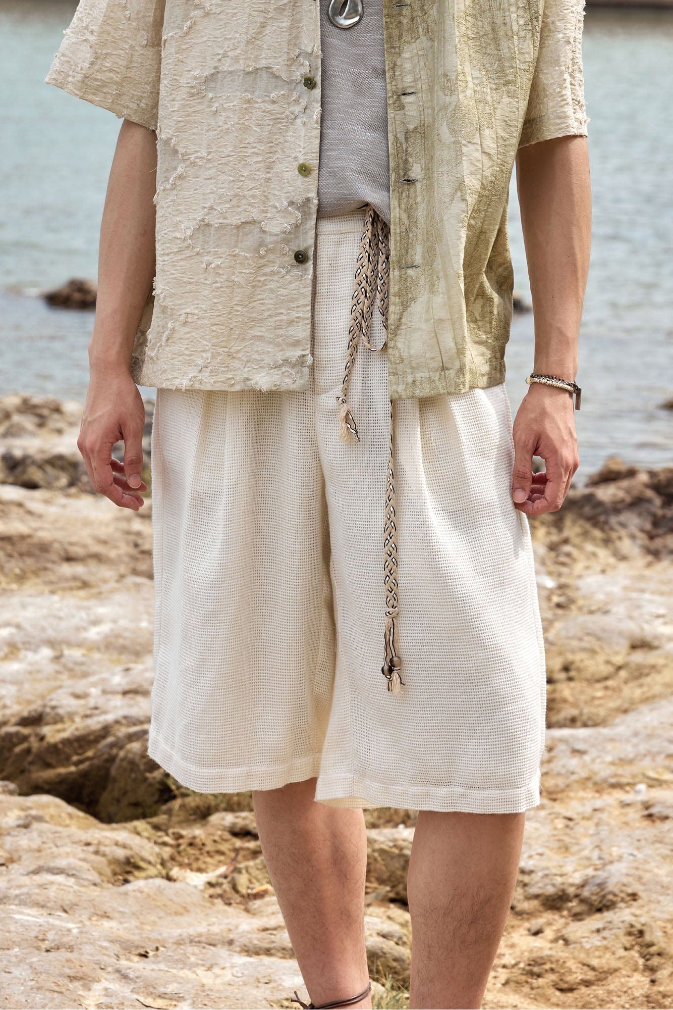 ALVNG AR ANTS Textured Mesh Pleated Braided Tassel Belt Shorts-Pants-S-Apricot-Free Shipping Leatheretro