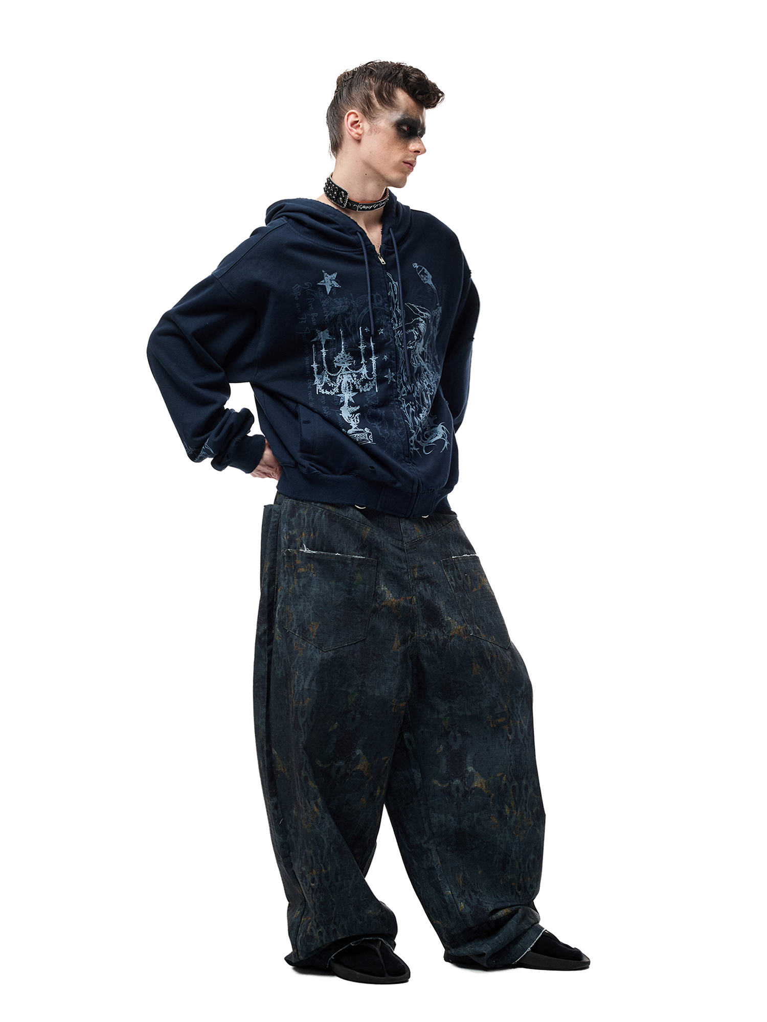 CYCYCY Washed Mottled Flame Graphic Denim Pants-Pants-XXS / 27"-Free Shipping Leatheretro