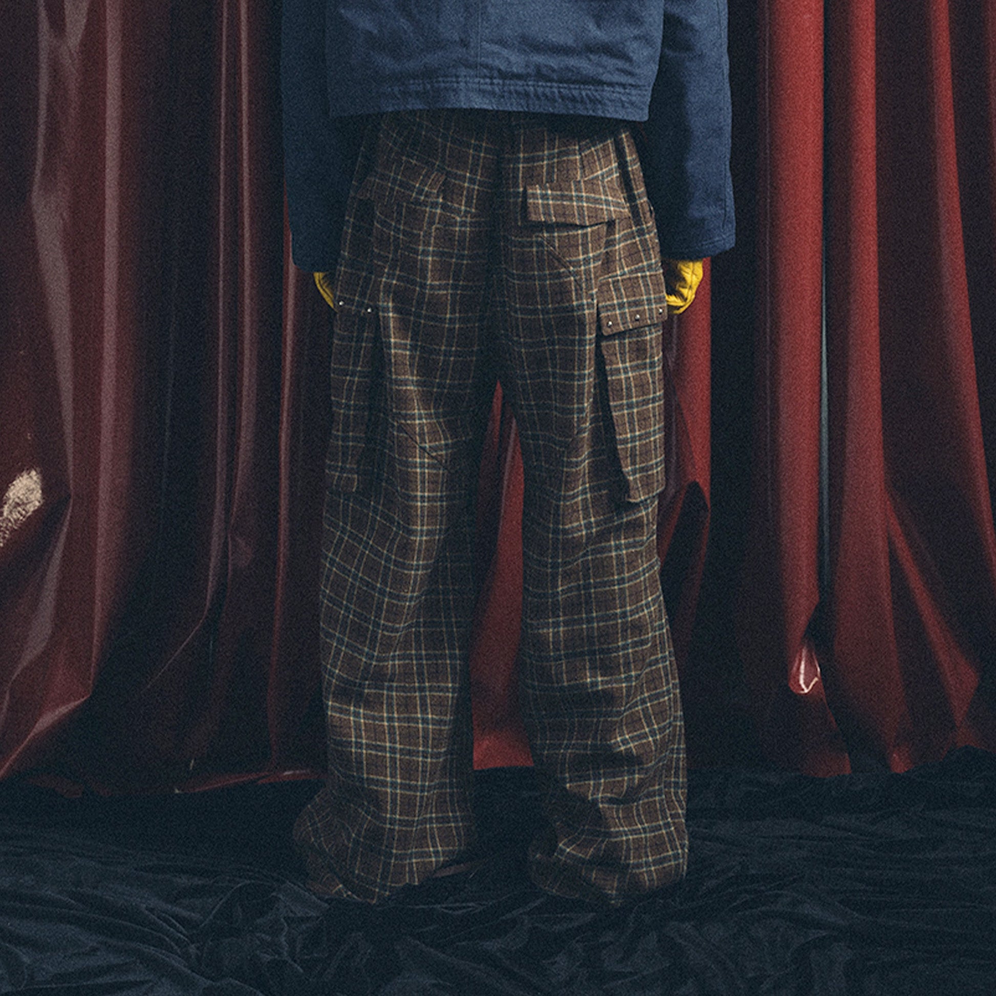 TRECLUB Plaid Pleated-Knee Wide-Leg Cargo Pants-Pants-S-Free Shipping Leatheretro