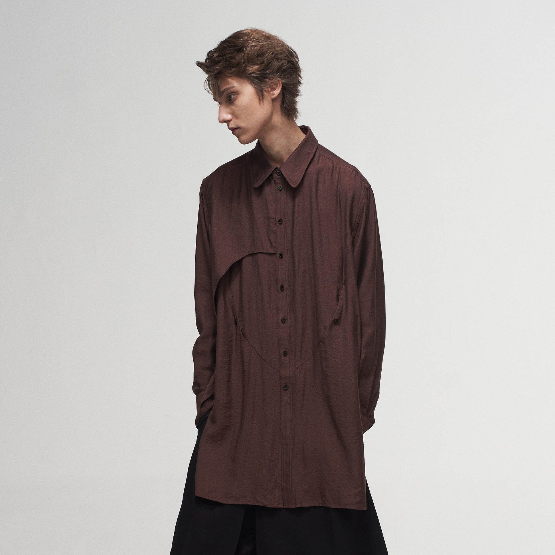ILNya Nieternite Nifutur Arc Spliced Draped Long Shirt Burgundy-Shirt-S(0)-Free Shipping Leatheretro