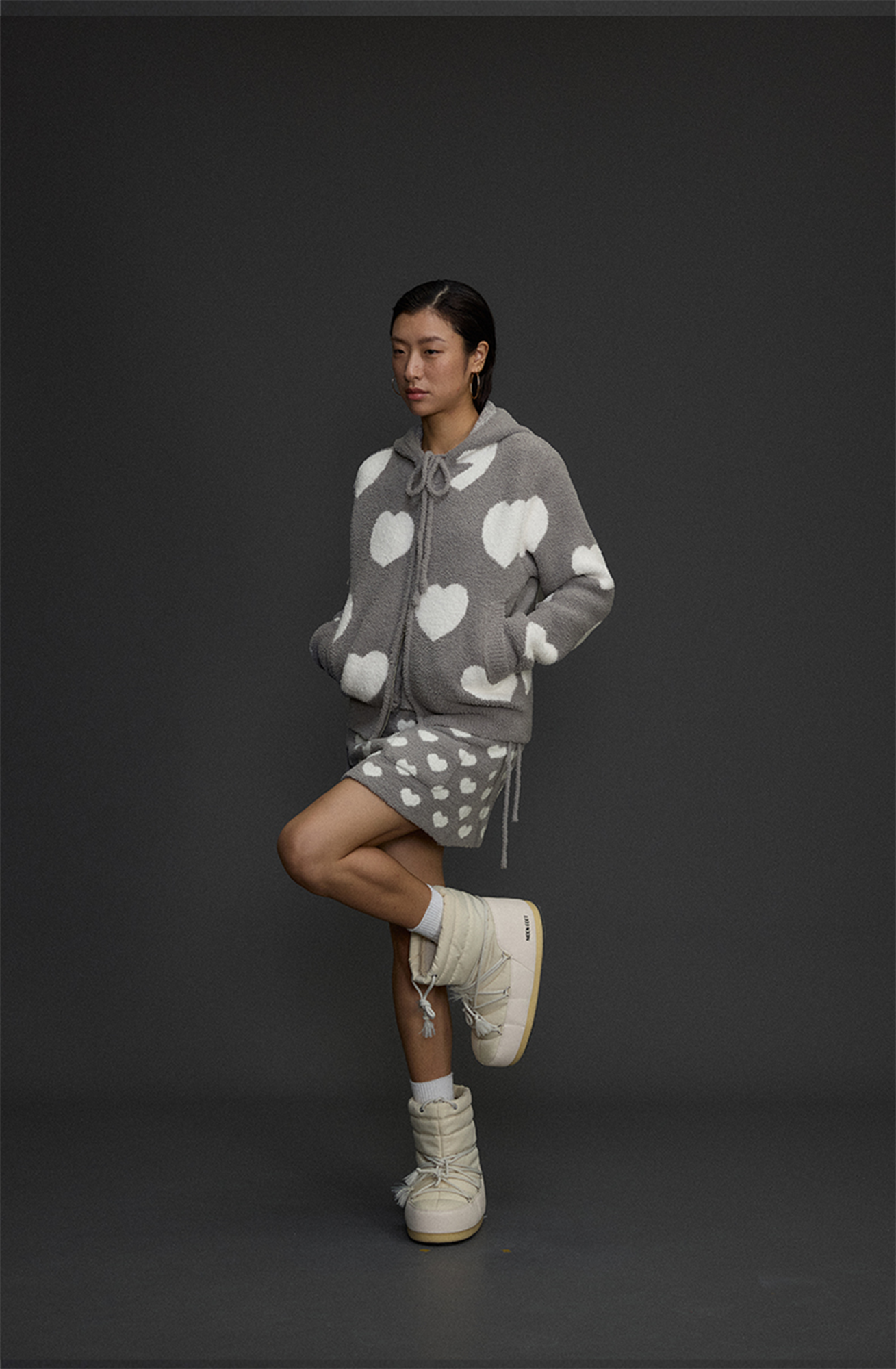 NIANJIUYIKOUER Fuzzy Heart Jacquard Zip-Up Hooded Cardigan-Jacket-XS-Free Shipping Leatheretro