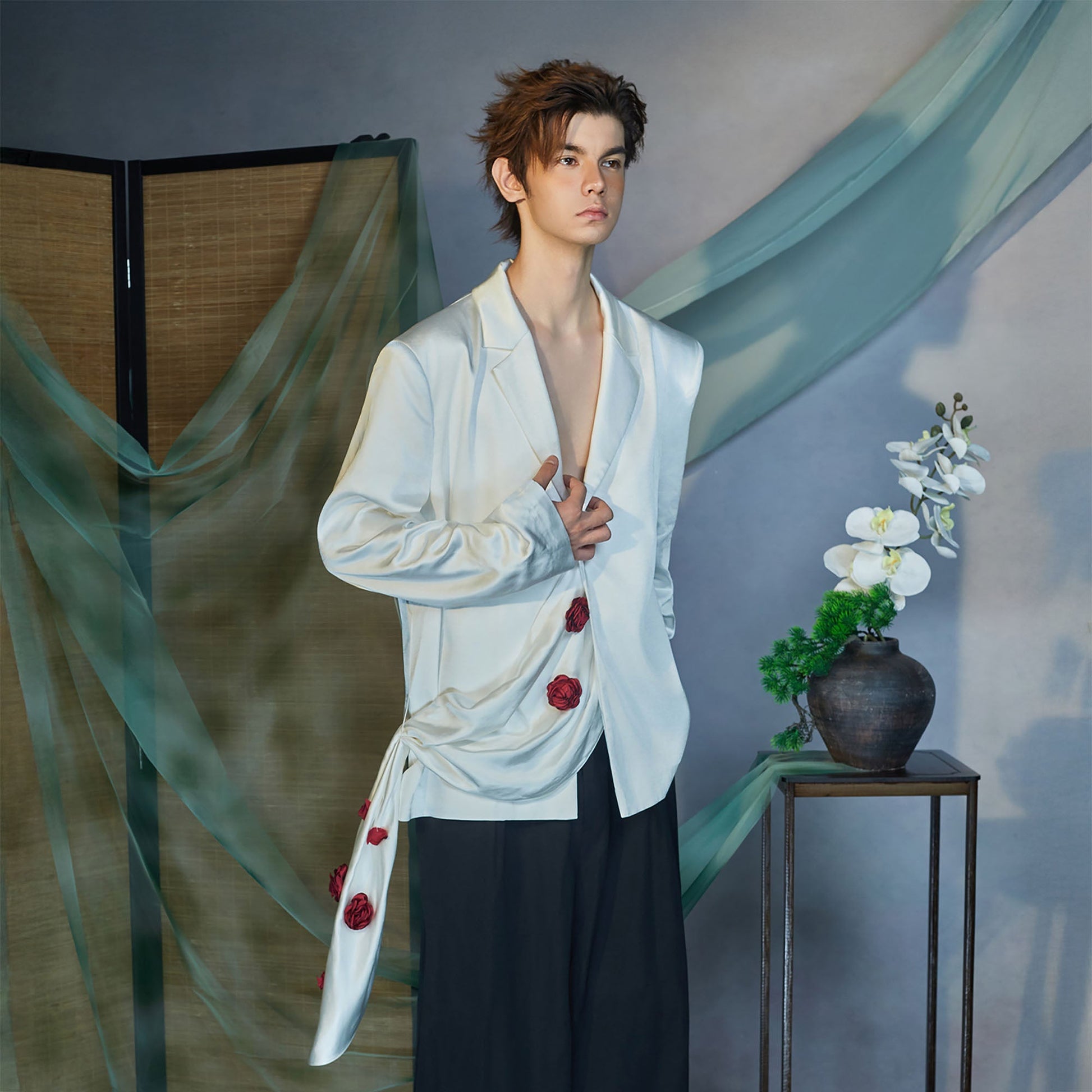 JIECHI Rose Embellished Draped Satin Blazer-Jacket-M (Preorder)-Free Shipping Leatheretro