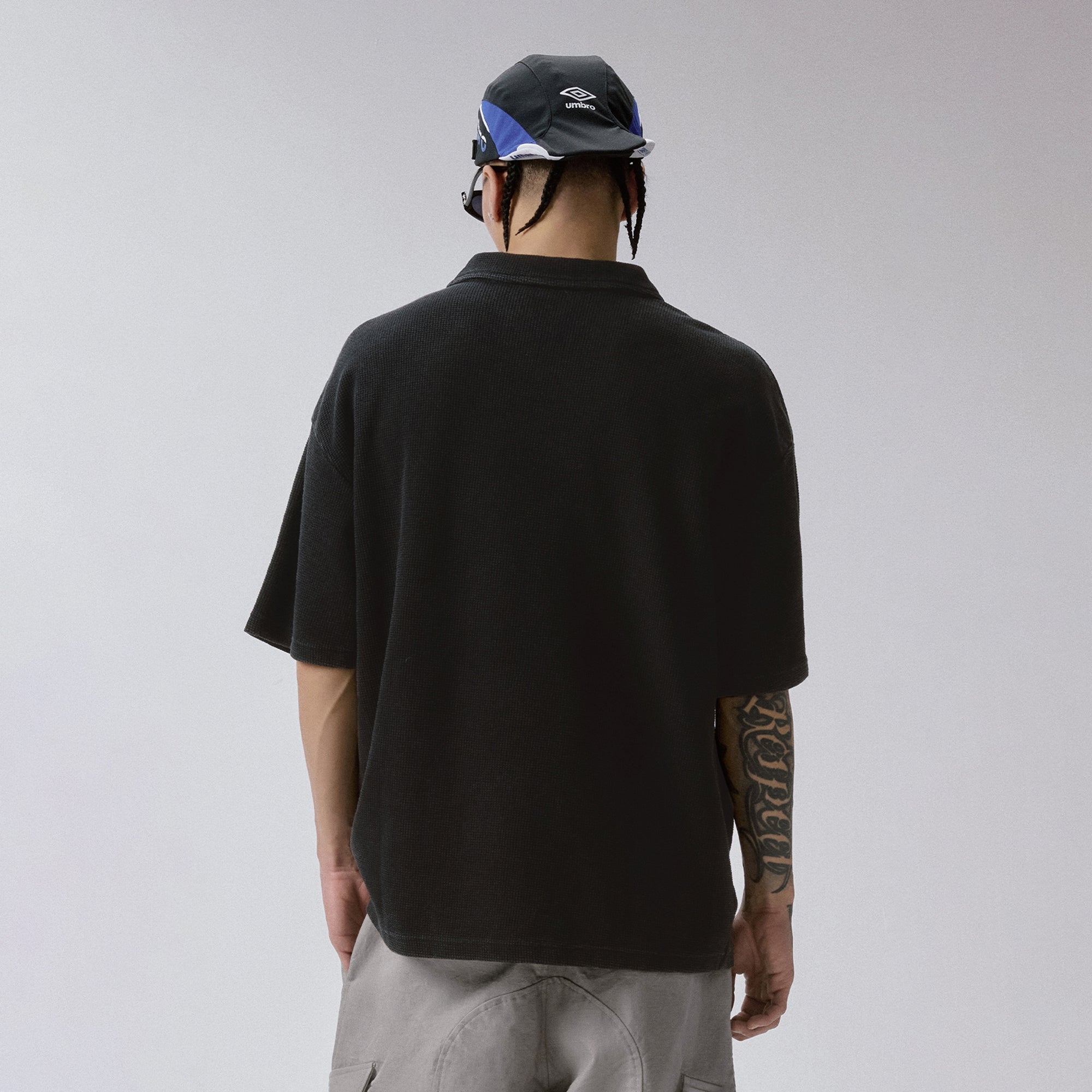 F2CE Distressed Waffle-Knit Graphic Polo-T Shirt-S-Free Shipping Leatheretro
