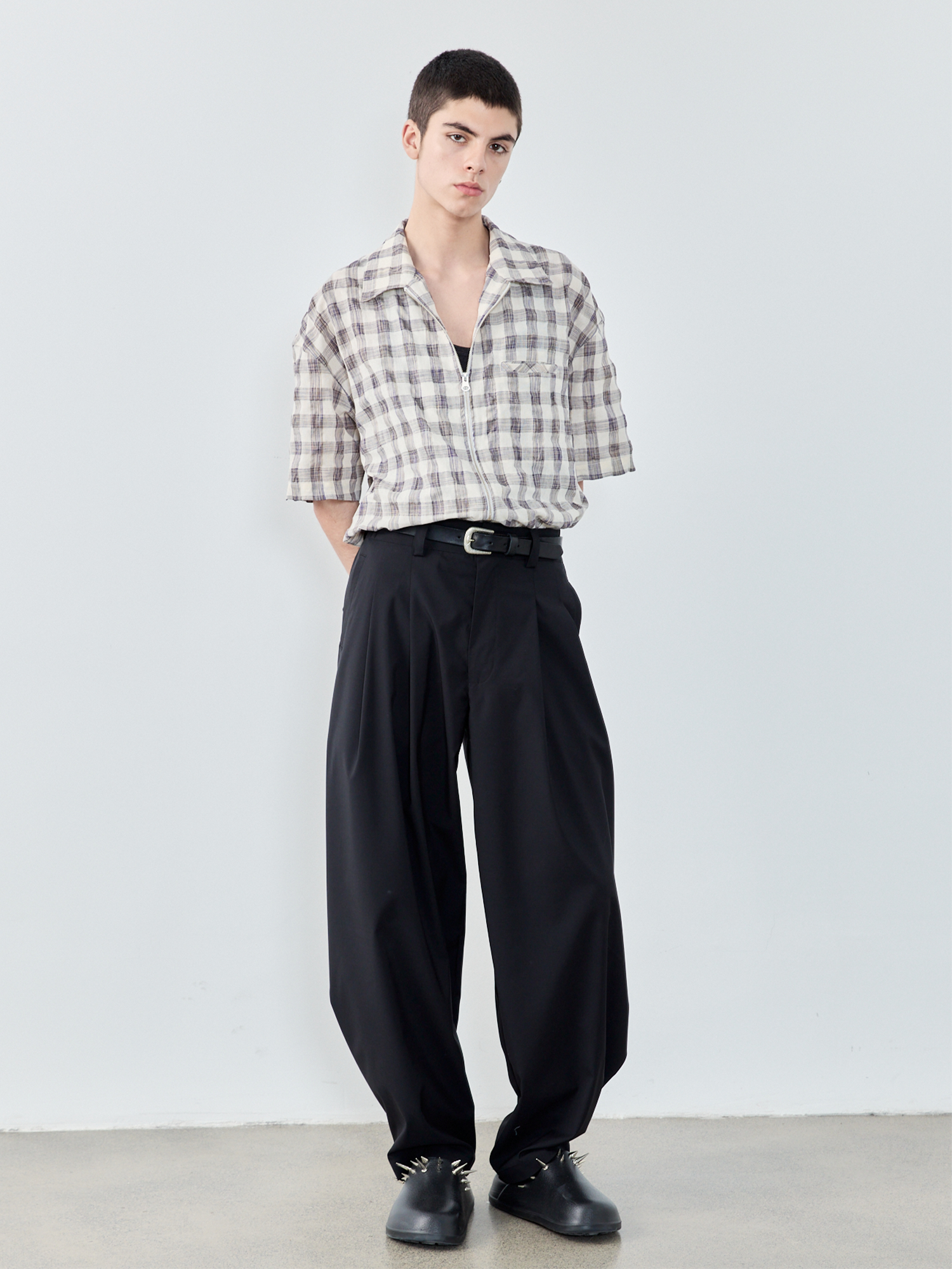 GRAINMUSTARD Retro Plaid Zip Half Shirt-Half shirt-XS-Free Shipping Leatheretro