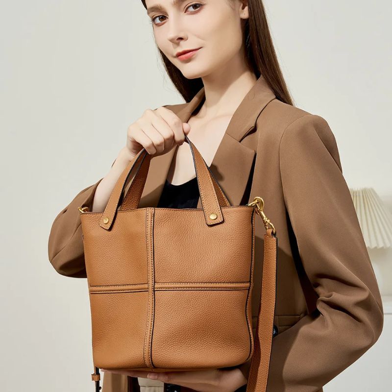 Genuine Leather Large Capacity Bucket Shoulder Bag-Handbags-Brown-Free Shipping Leatheretro