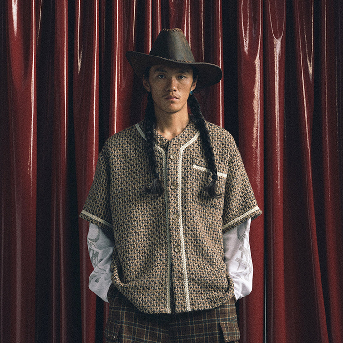 TRECLUB Tweed Layered Baseball Shirt-Shirt-S-Free Shipping Leatheretro