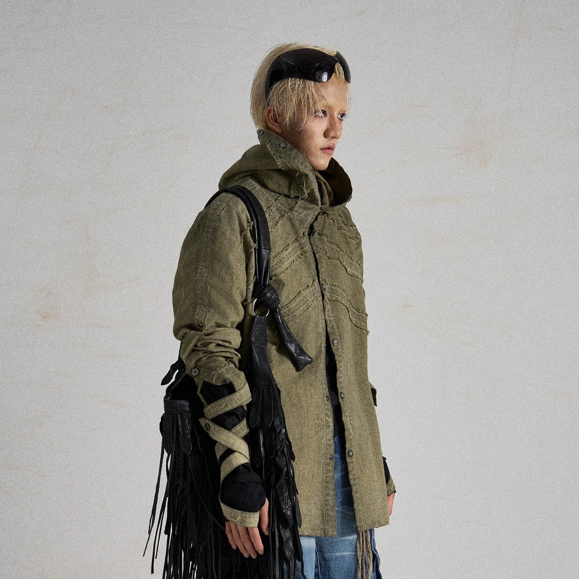 FLYERRER Frayed Fishbone Spliced Strap Hooded Jacket-Jacket-S-Free Shipping Leatheretro