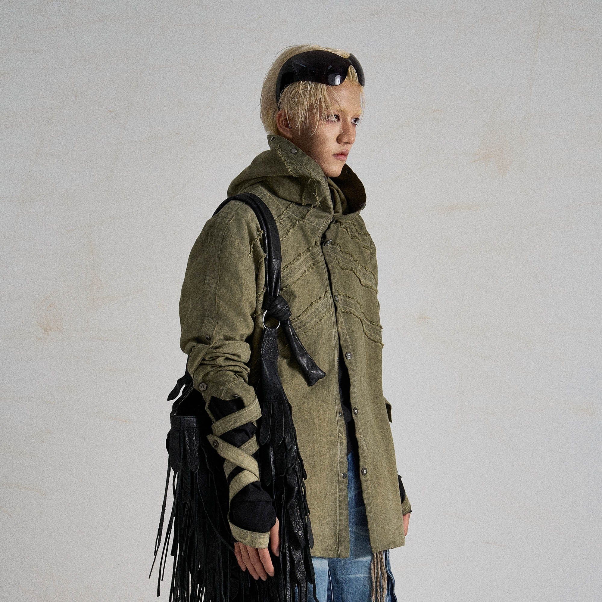 FLYERRER Frayed Fishbone Spliced Strap Hooded Jacket-Jacket-S-Free Shipping Leatheretro