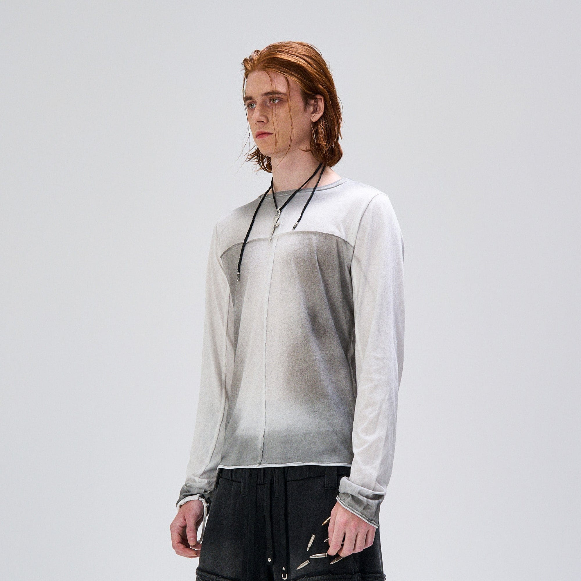 FLYERRER Washed Gradient Cross-Panel Raw-Edge Long-Sleeve Tee-L/S Tee-S (Preorder)-Free Shipping Leatheretro