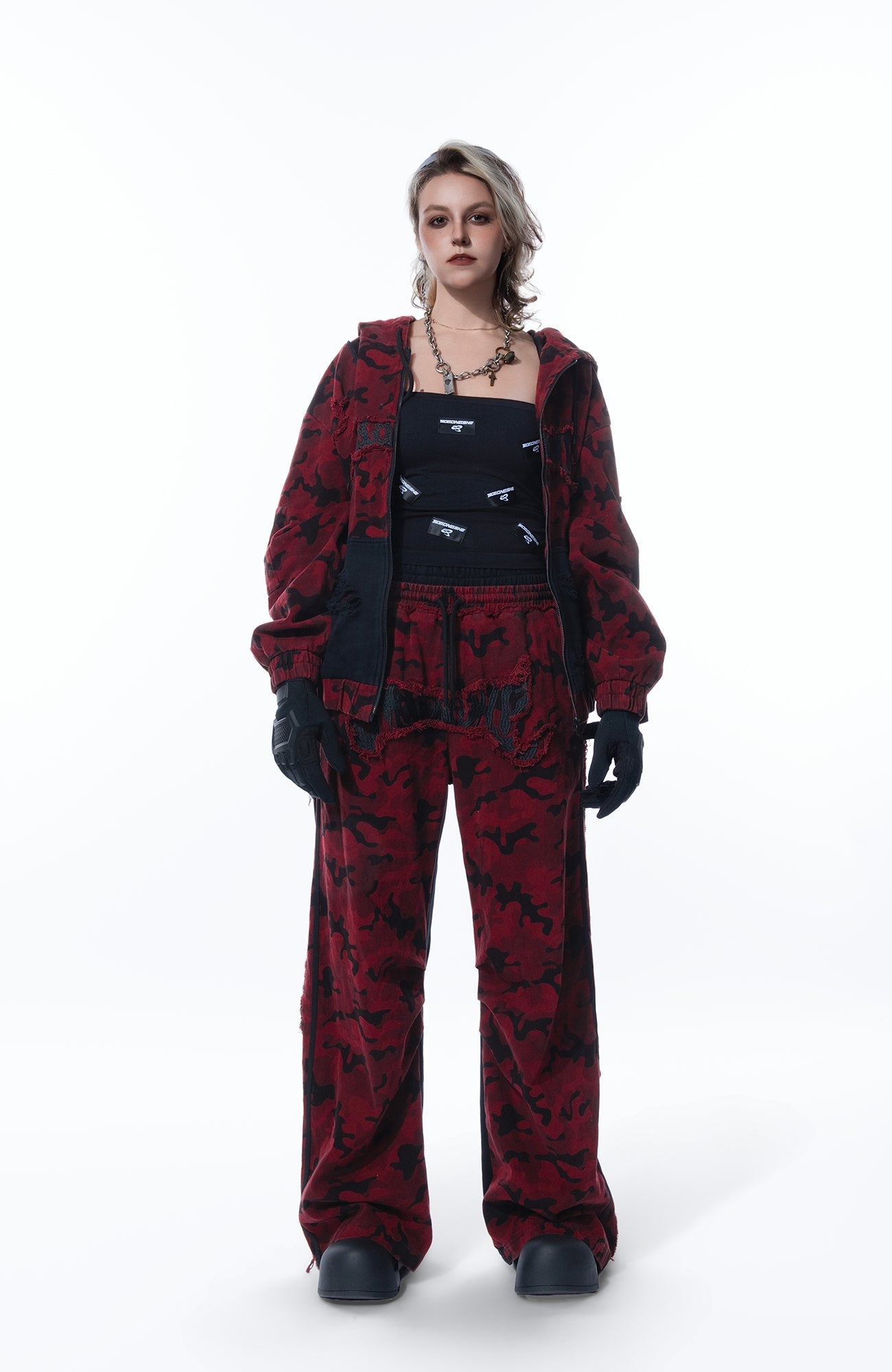 MOGONGSHE Camo Contrast Panel Double-Waist Oversized Sweatpants-Pants-S-Free Shipping Leatheretro