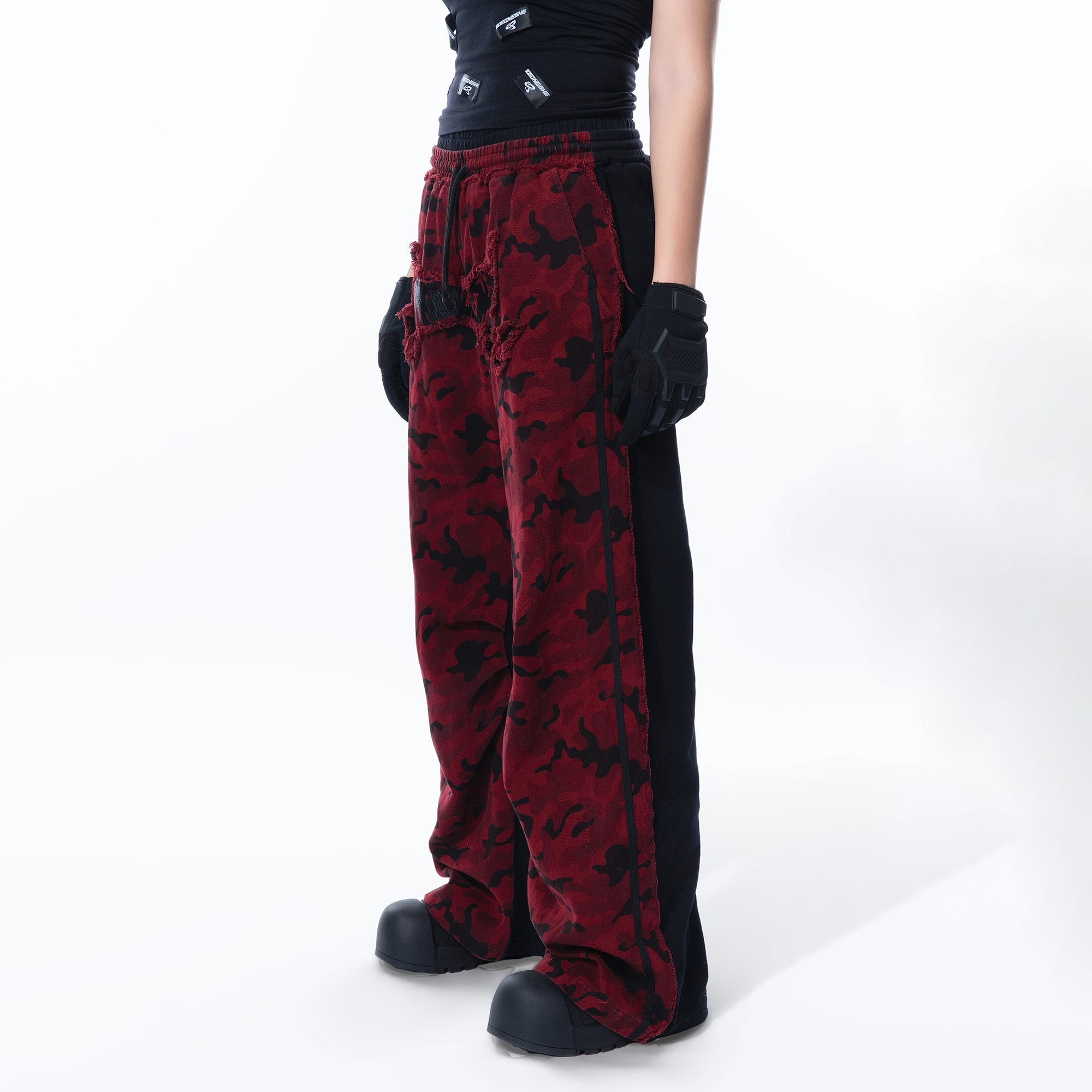 MOGONGSHE Camo Contrast Panel Double-Waist Oversized Sweatpants-Pants-S-Free Shipping Leatheretro