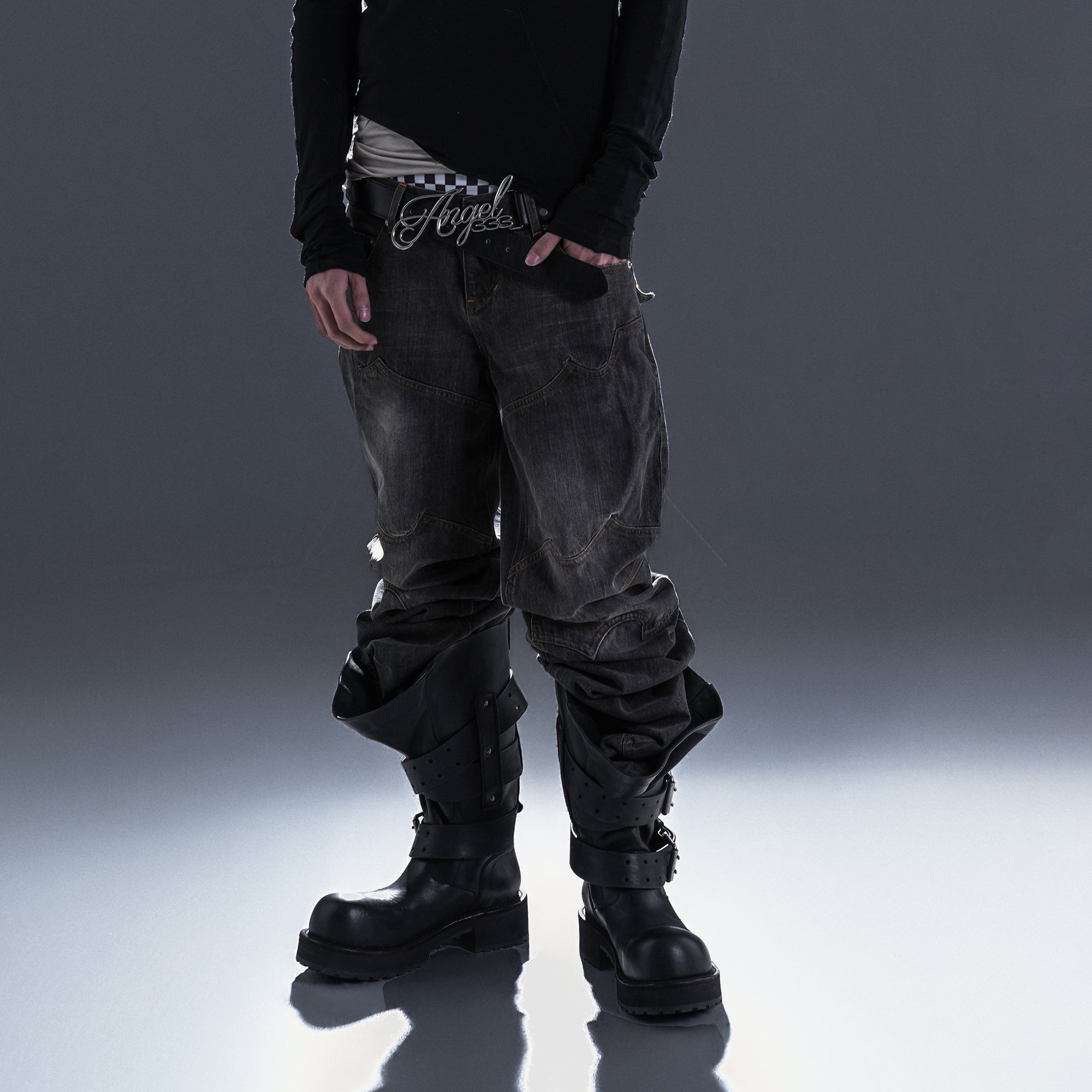 PCCVISION Washed Paneled Straight-Leg Denim-Jeans-S-Black-Free Shipping Leatheretro