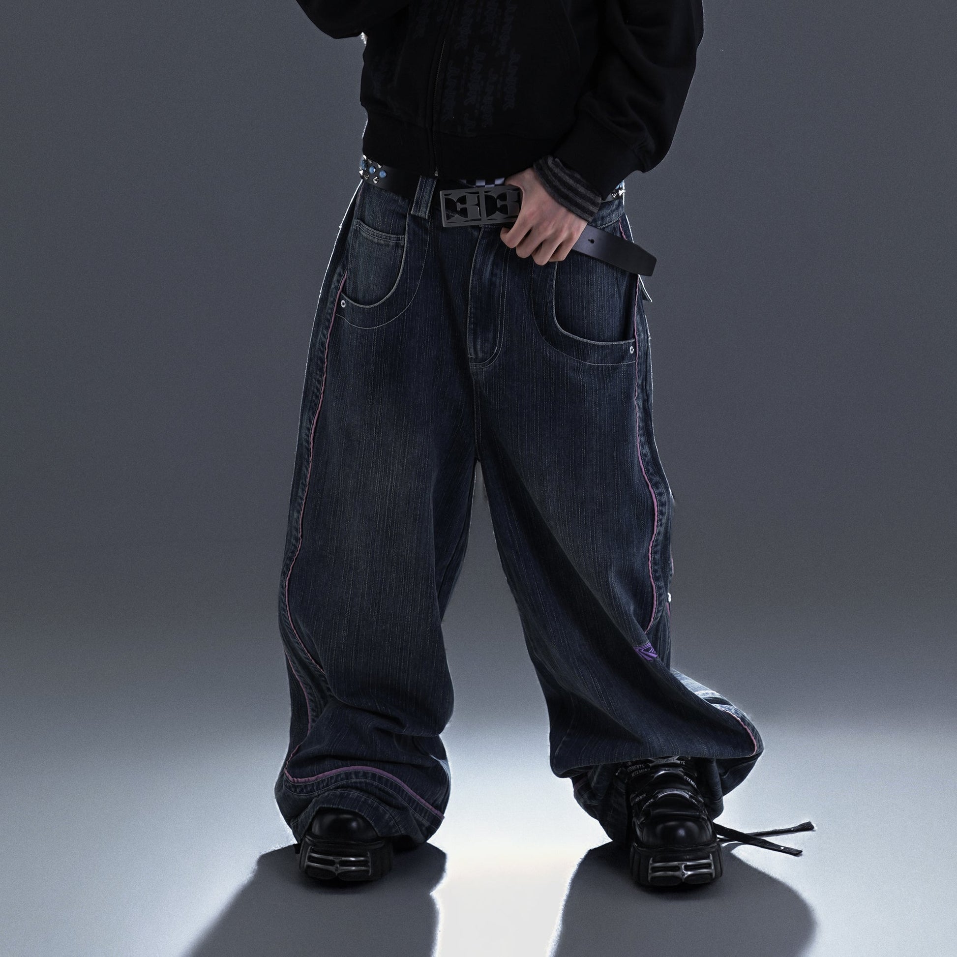 PCCVISION Contrast Stitch Embroidered Washed Jeans-Jeans-S-Free Shipping Leatheretro