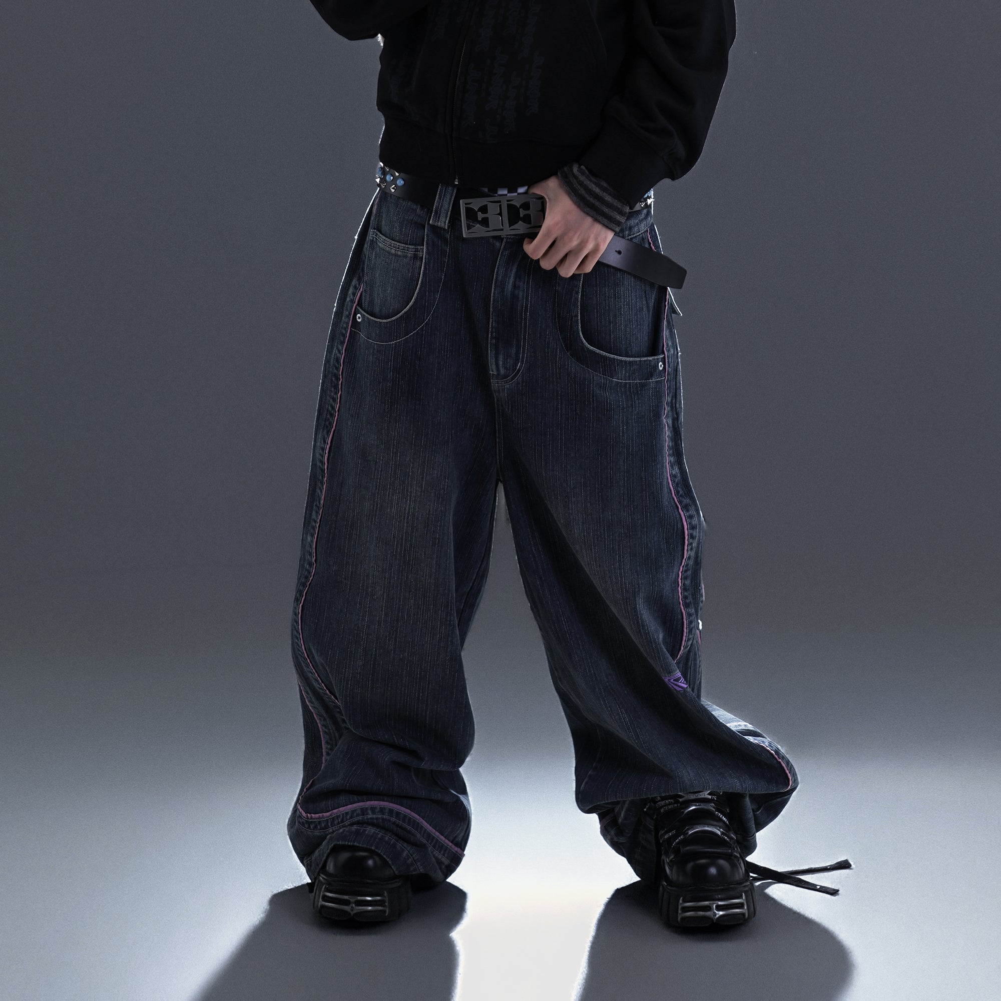 PCCVISION Contrast Stitch Embroidered Washed Jeans-Jeans-S-Free Shipping Leatheretro