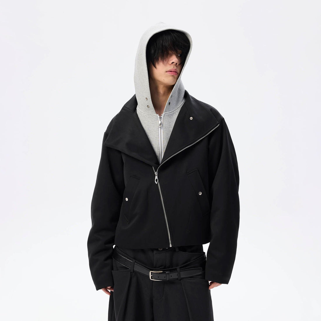 WHISTLEHUNTER Asymmetrical Zipper Detachable Hooded Layered Jacket-Jacket-S-Free Shipping Leatheretro