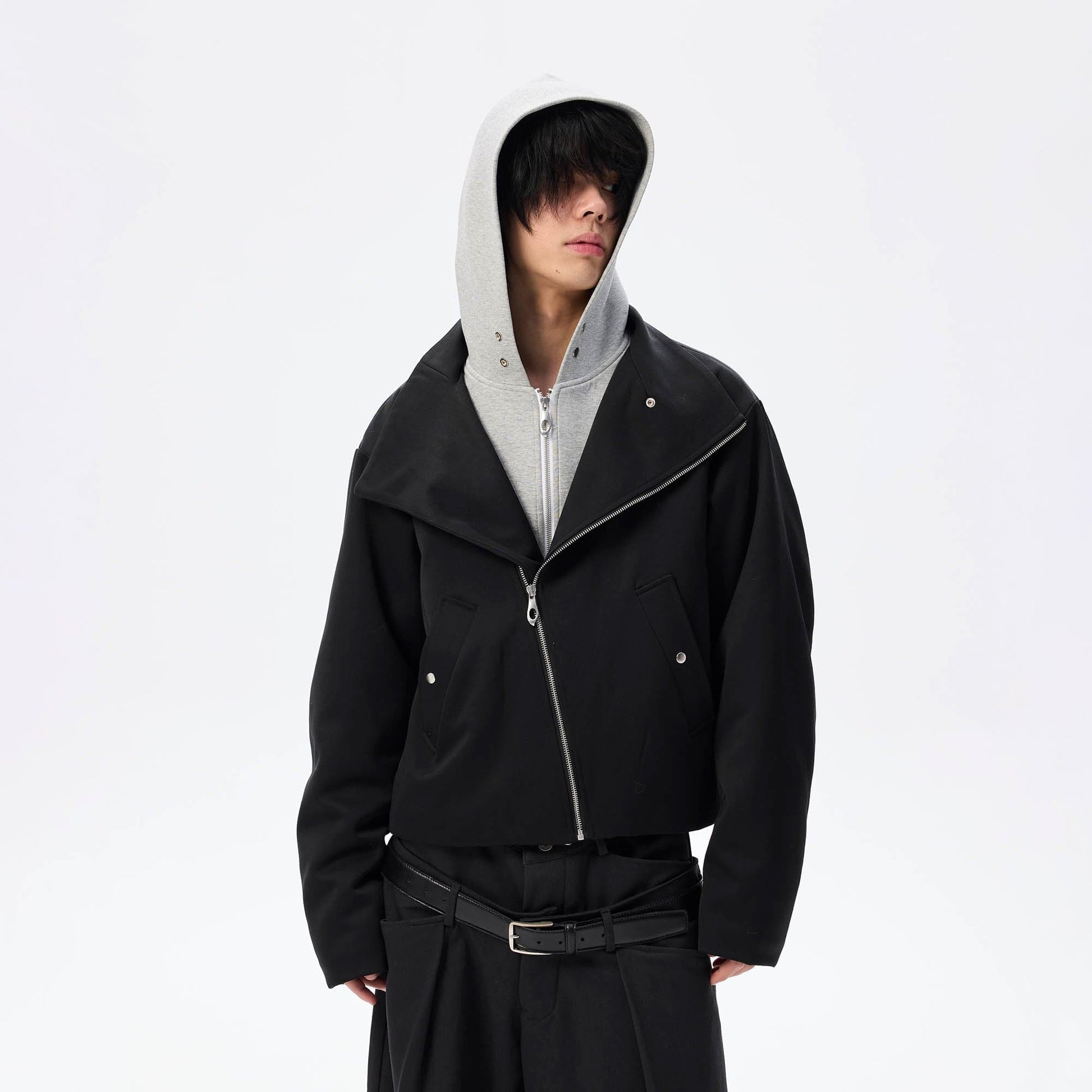 WHISTLEHUNTER Asymmetrical Zipper Detachable Hooded Layered Jacket-Jacket-S-Free Shipping Leatheretro