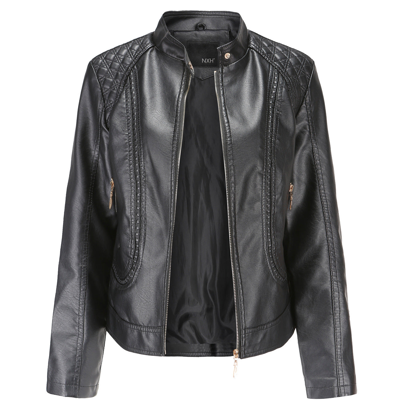 Women's Stand Collar Faux Leather Jacket-black-S-Free Shipping Leatheretro