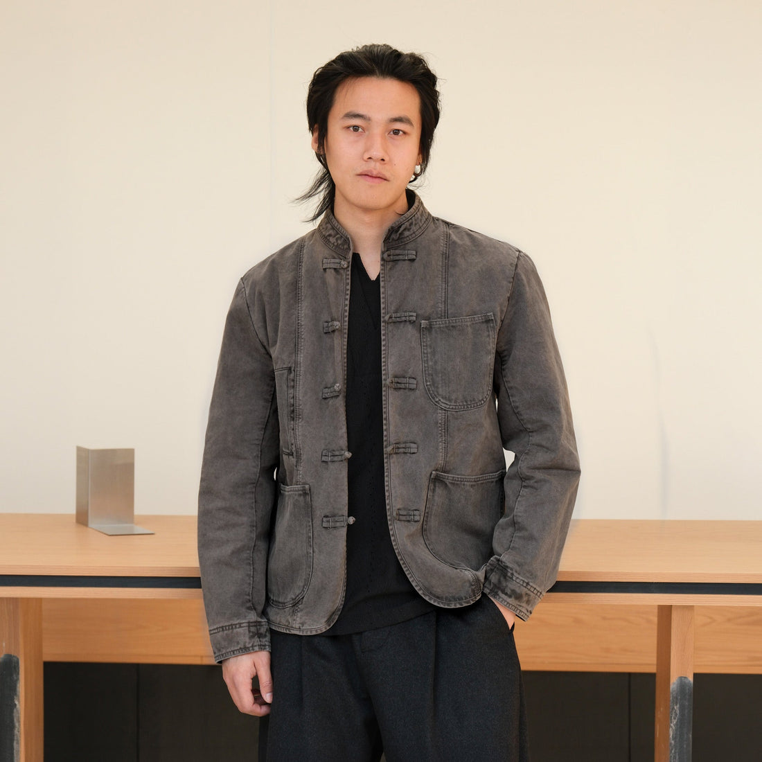 NEIGBORL Washed Frog-Closure Stand-Collar Jacket-Jacket-M-Dark Gray-Free Shipping Leatheretro