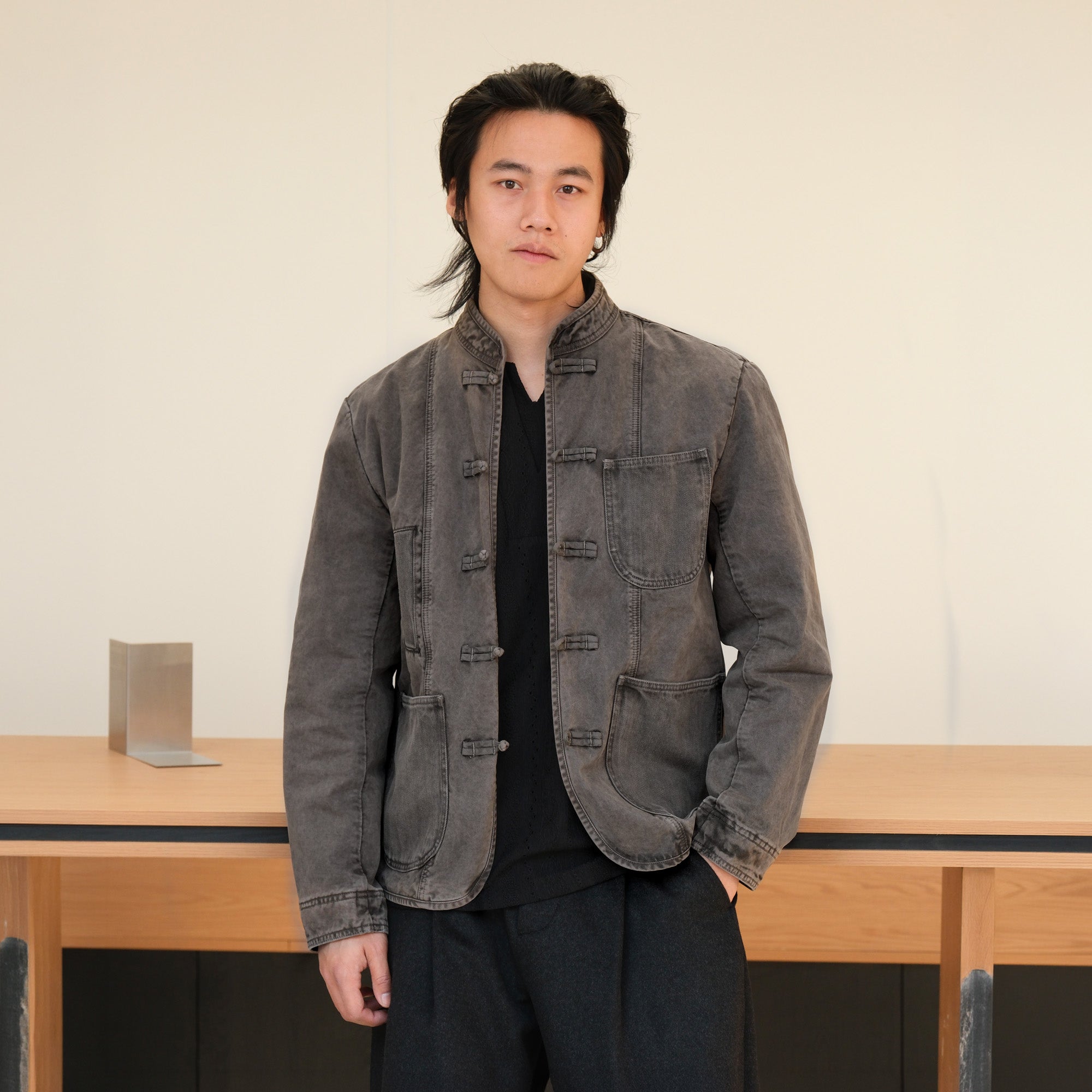 NEIGBORL Washed Frog-Closure Stand-Collar Jacket-Jacket-M-Dark Gray-Free Shipping Leatheretro