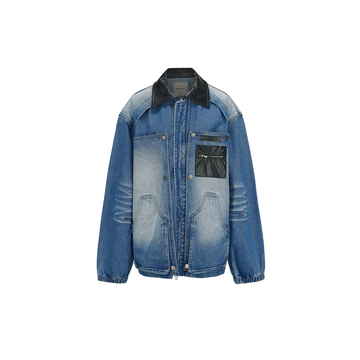 VANN VALRENCE Washed Contrast Faux-Leather Collar Denim Jacket-Jacket-S-Free Shipping Leatheretro