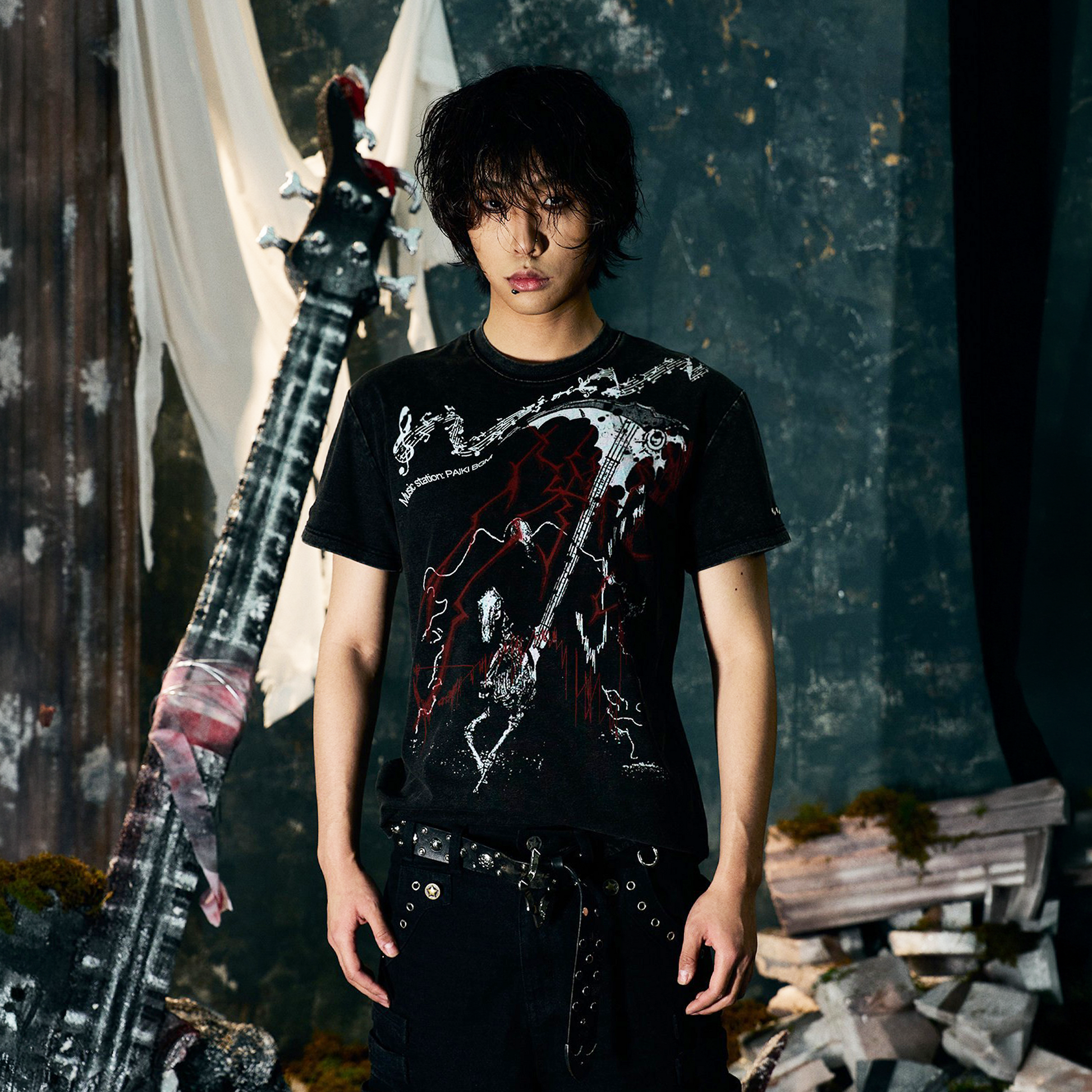 PAIKI Punk Scythe String Graphic T-Shirt-T Shirt-S-Black (Distressed)-Free Shipping Leatheretro