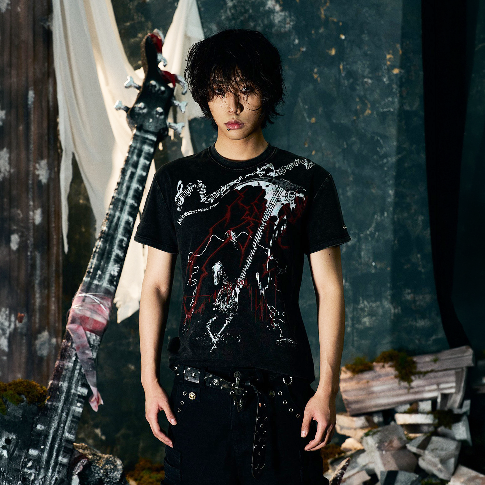 PAIKI Punk Scythe String Graphic T-Shirt-T Shirt-S-Black (Distressed)-Free Shipping Leatheretro