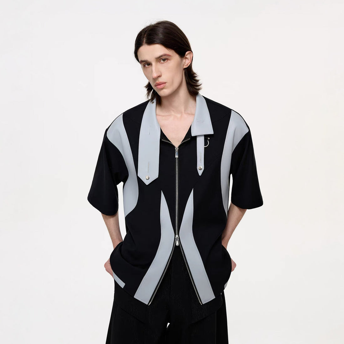 TIWILLTANG Layered-Collar Contrast-Panel Zip-Up Half Shirt-Shorts-S-Free Shipping Leatheretro