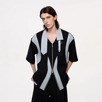 TIWILLTANG Layered-Collar Contrast-Panel Zip-Up Half Shirt-Shorts-S-Free Shipping Leatheretro