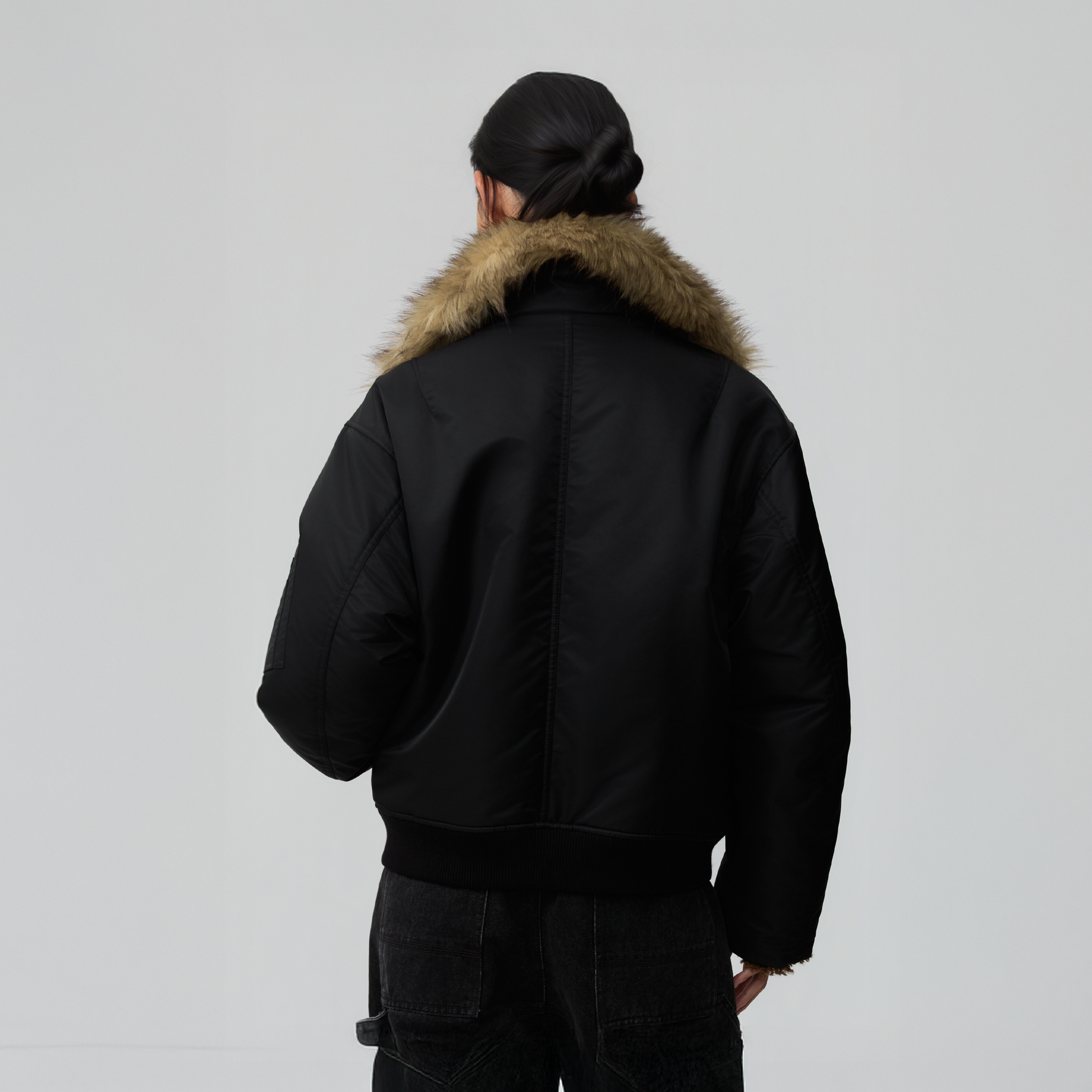 OPICLOTH Faux Fur-Lined Spliced Bomber Jacket-Jacket-XS-Free Shipping Leatheretro