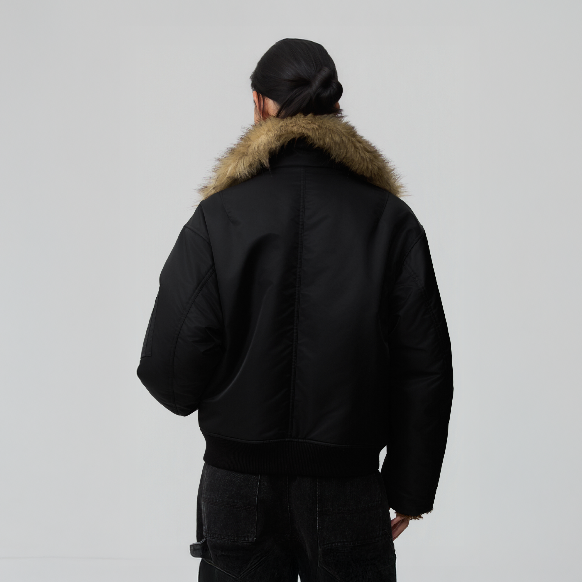 OPICLOTH Faux Fur-Lined Spliced Bomber Jacket-Jacket-XS-Free Shipping Leatheretro