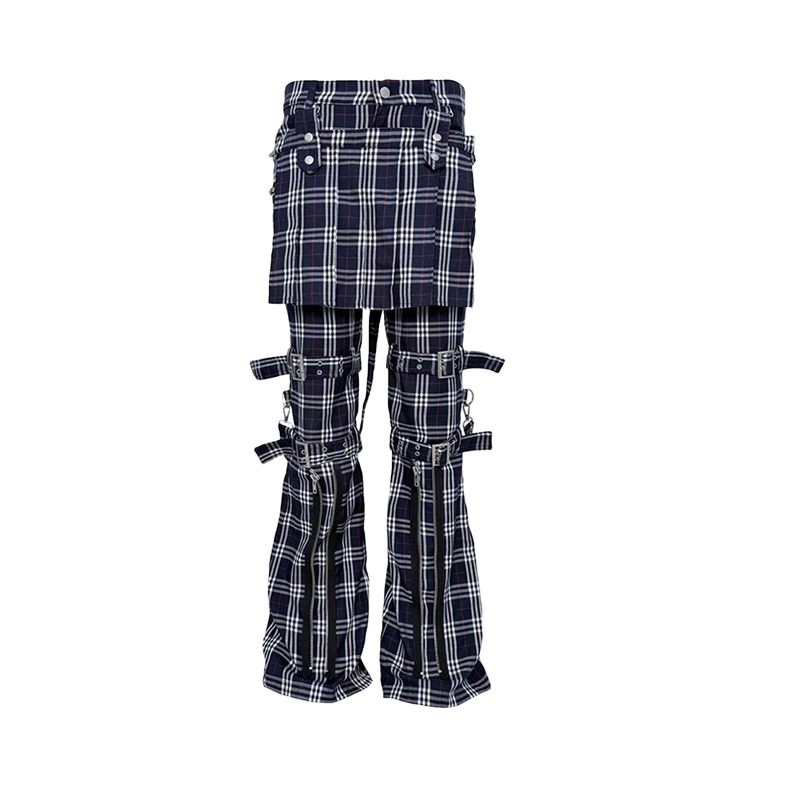 PCCVISION Detachable Skirt Panel Strap-Zip Plaid Flared Pants-Pants-S (Preorder)-Free Shipping Leatheretro