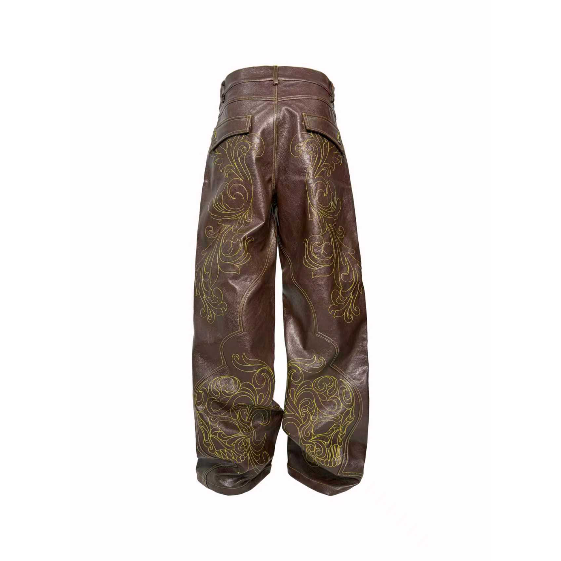 PCCVISION Gothic Skull Stitch PU Pants Brown-Pants-S-Free Shipping Leatheretro