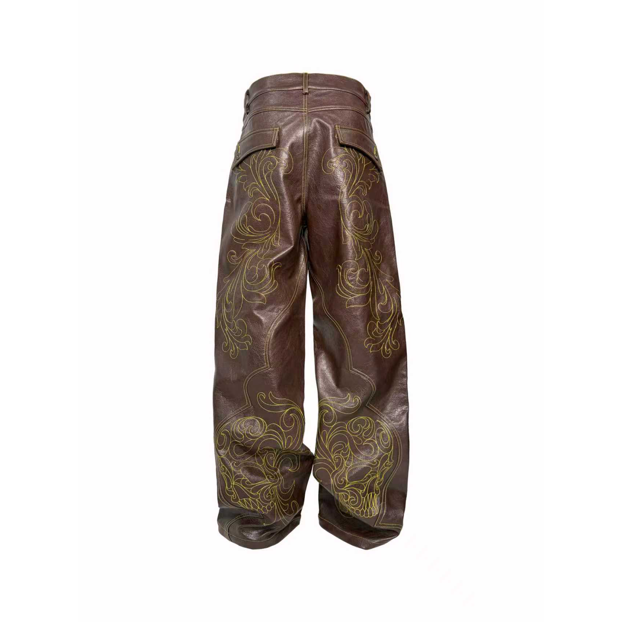 PCCVISION Gothic Skull Stitch PU Pants Brown-Pants-S-Free Shipping Leatheretro