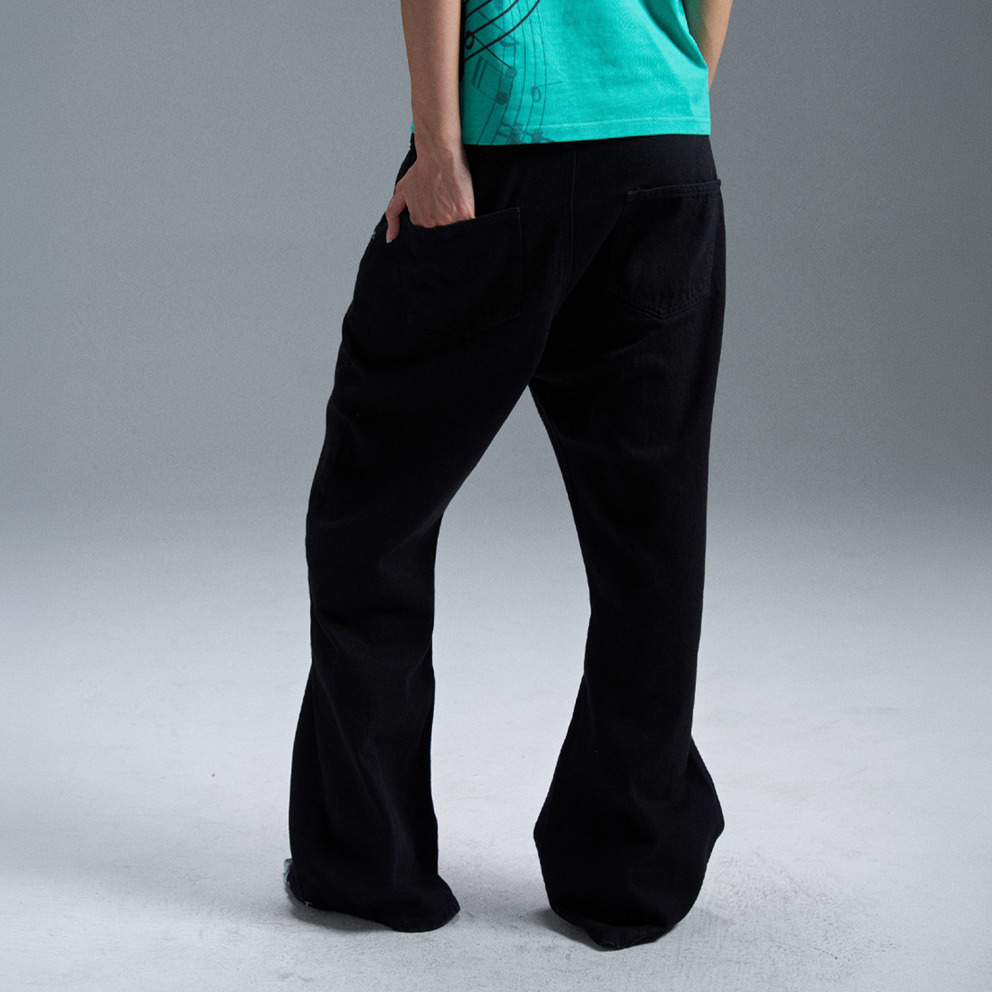PAIKI Piano Key Script Foil Flared Jeans-Jeans-S / 31"-Black (Preorder)-Free Shipping Leatheretro