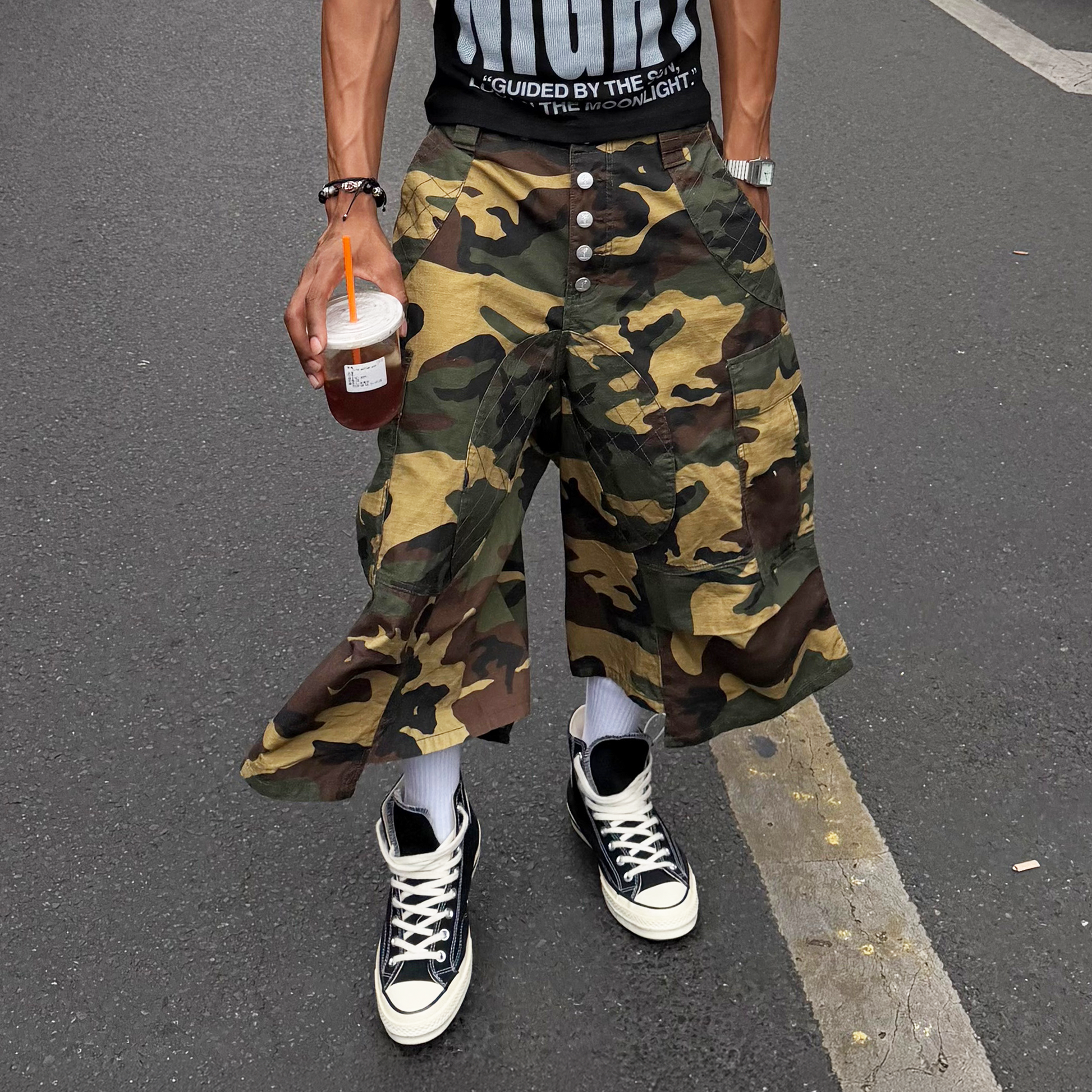 STEEPC Button-Fly Camo Quilted Cargo Shorts-Shorts-S / 28"-Free Shipping Leatheretro
