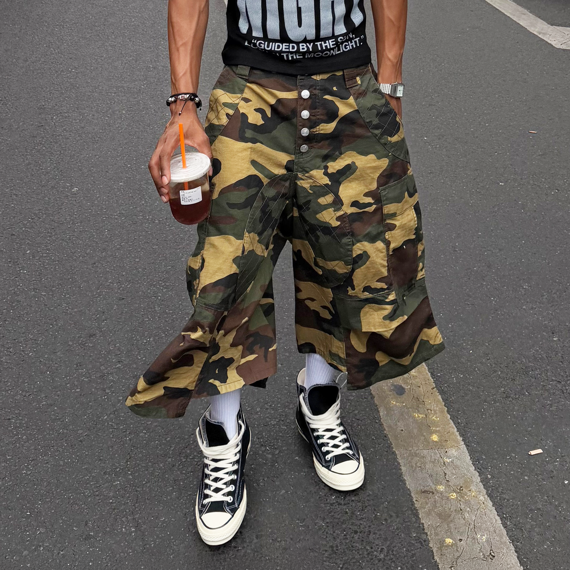 STEEPC Button-Fly Camo Quilted Cargo Shorts-Shorts-S / 28"-Free Shipping Leatheretro