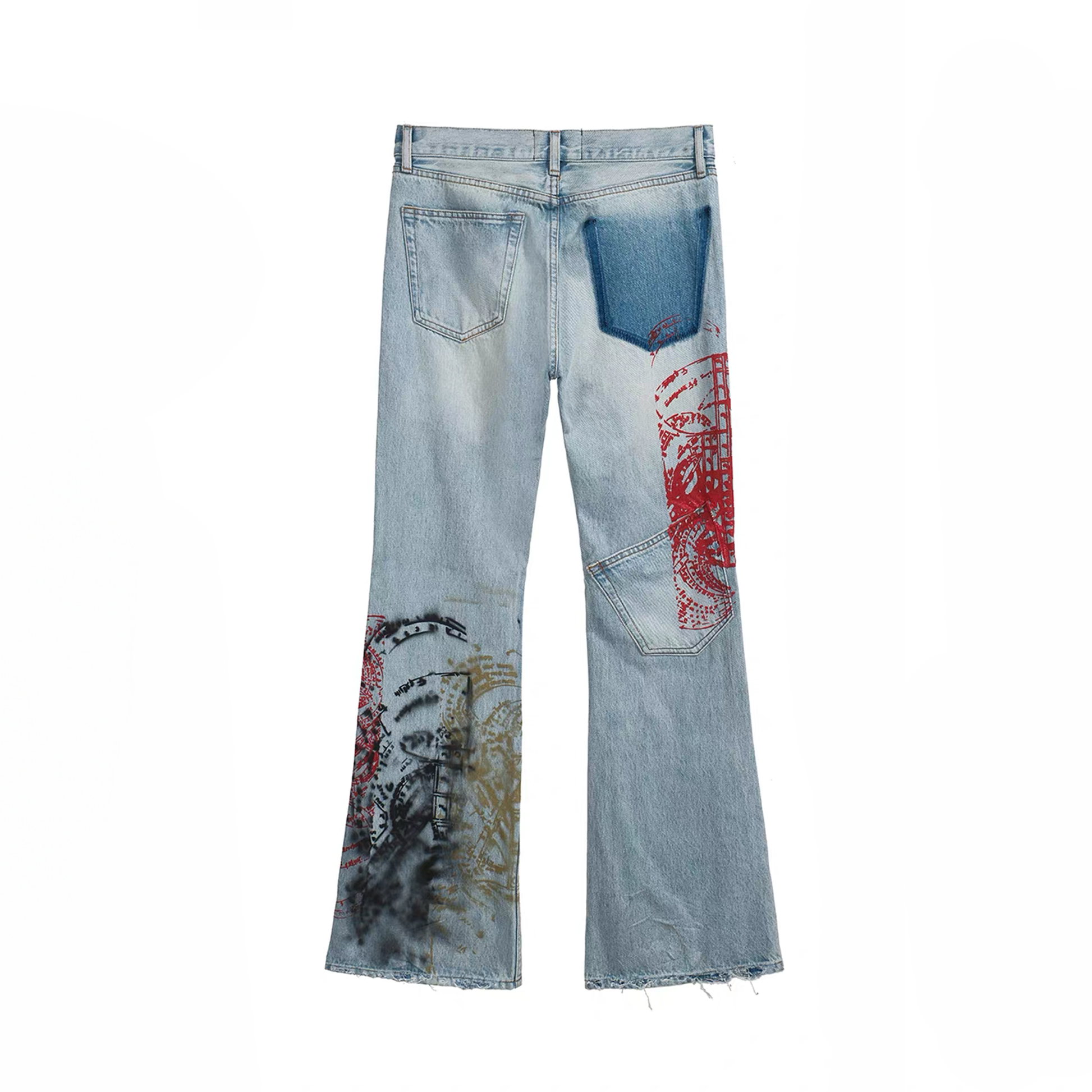 NOTHINGNESS WORLD Distressed Stamp-Print Flare Jeans-Jeans-S (Preorder)-Free Shipping Leatheretro