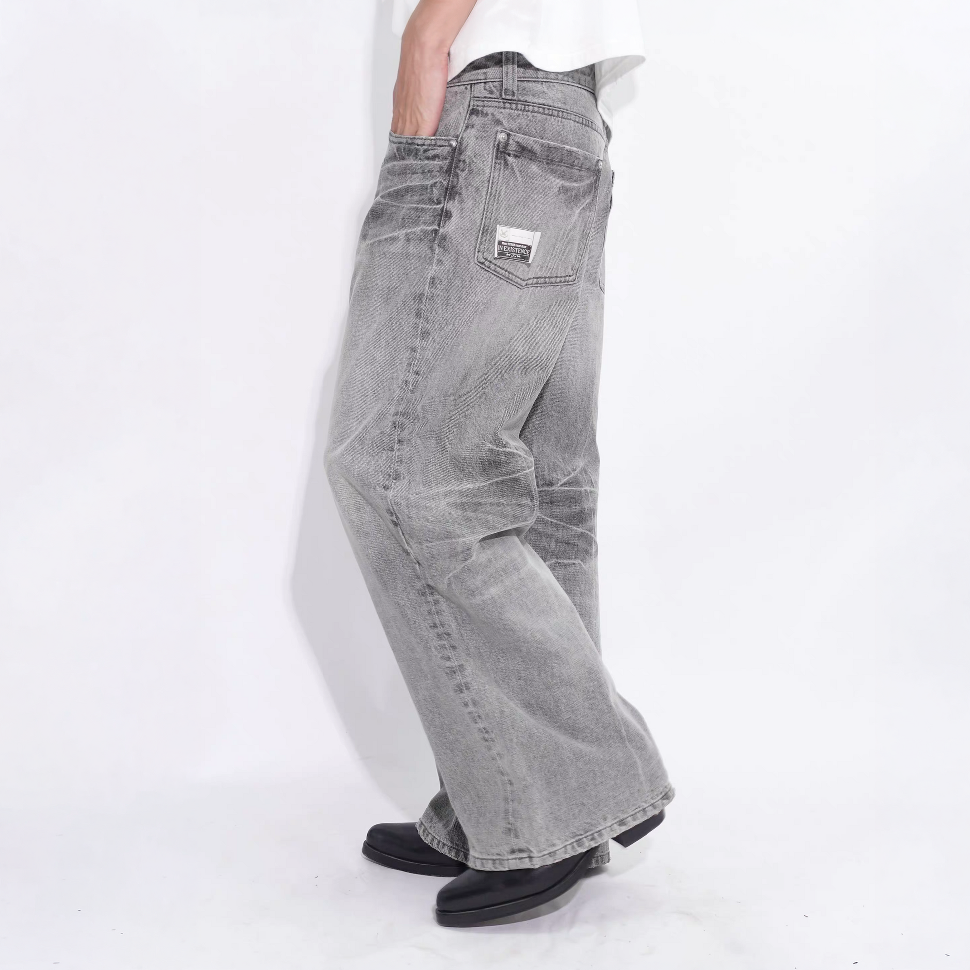 IN EXISTENCE x i Washed Lightning Fade Wide-Leg Jeans Gray-Jeans-XS (0)-Free Shipping Leatheretro