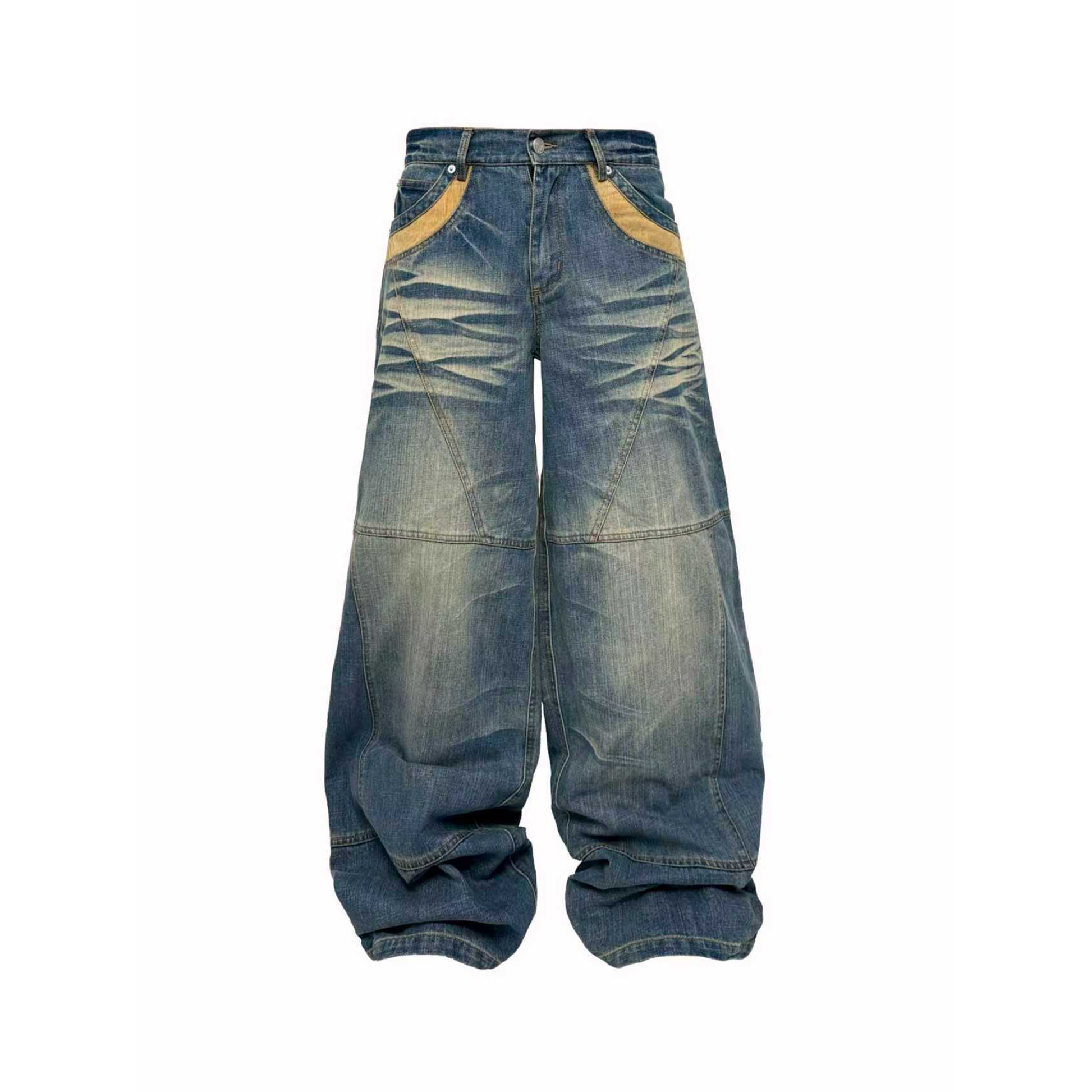 PCCVISION Washed Spliced Wrinkled Baggy Jeans-Jeans-XS-Free Shipping Leatheretro