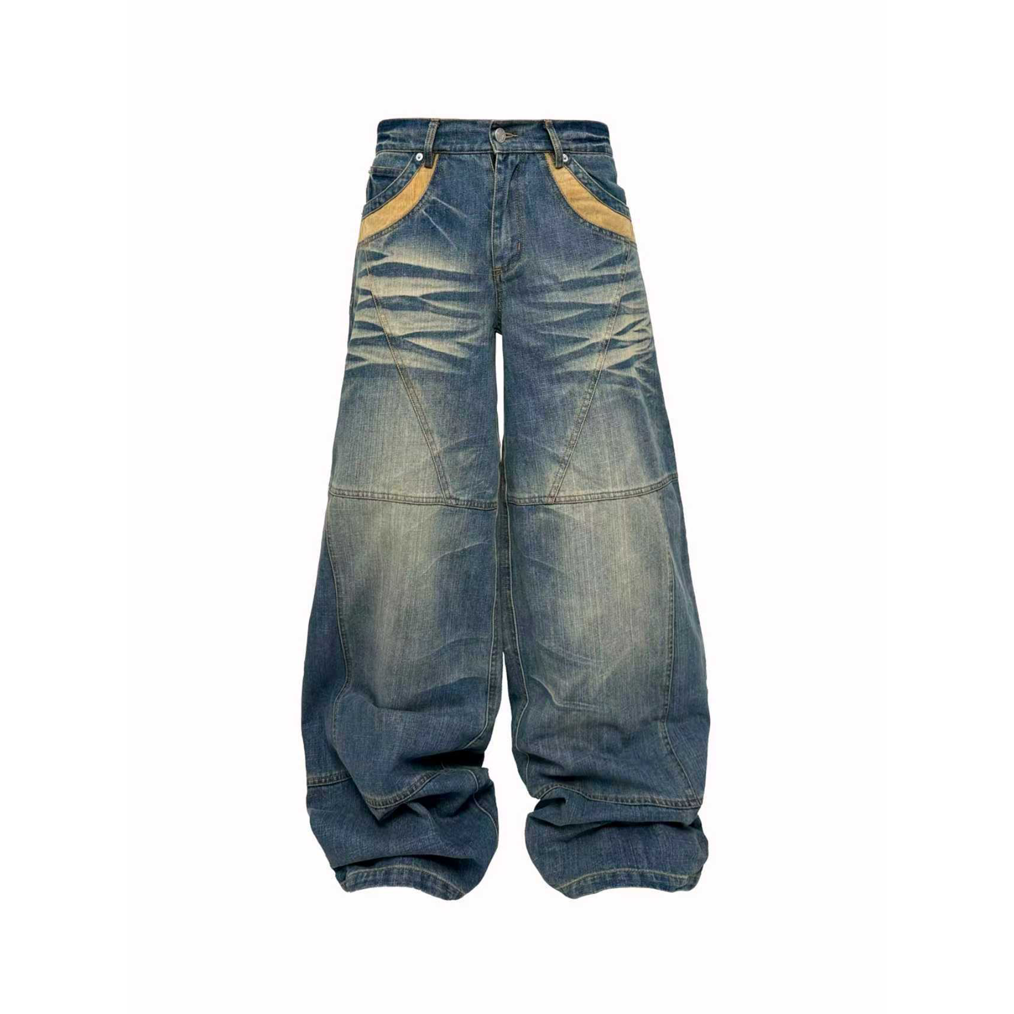 PCCVISION Washed Spliced Wrinkled Baggy Jeans-Jeans-XS-Free Shipping Leatheretro